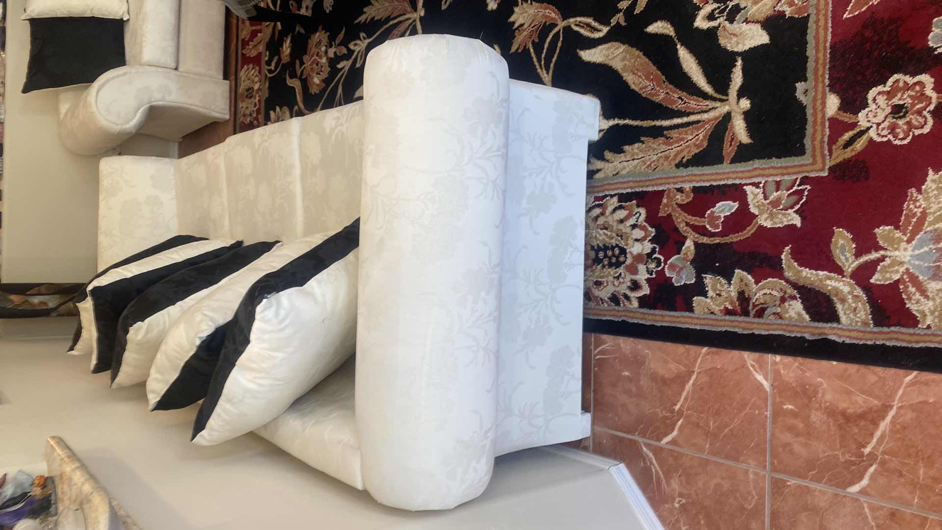 Photo 1 of 100” ROLLED ARM IVORY FABRIC SOFA WITH 5 REVERSIBLE TOSS PILLOWS (love seat available items sold separately)