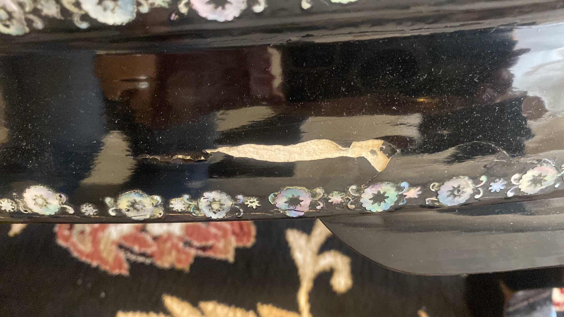 Photo 1 of KOREAN BLACK LACQUER TRADITIONAL COFFEE TABLE WITH MOTHER OF PEARL TIGER  & DRAGON MOTIF 52 1/2“ x 31“ H 18 1/2”