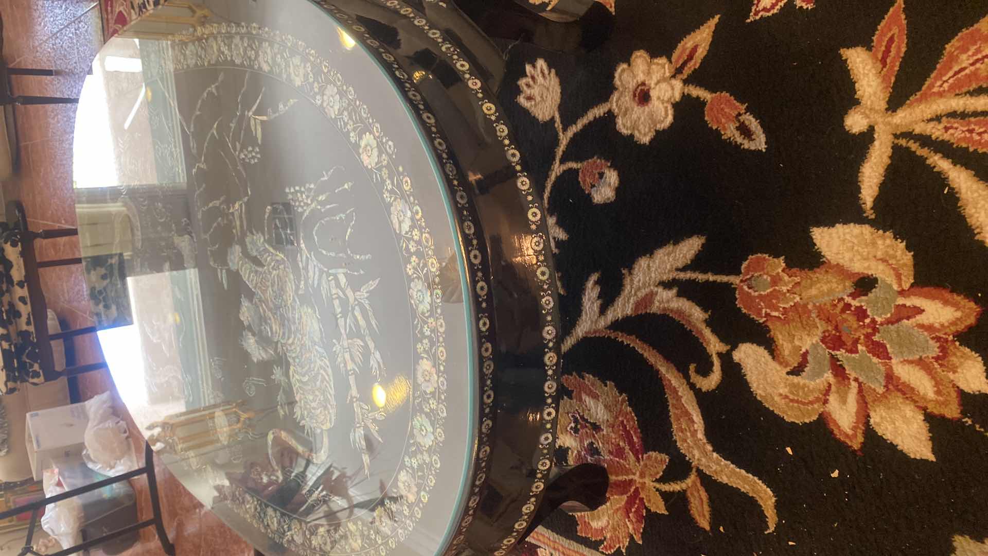 Photo 1 of KOREAN BLACK LACQUER TRADITIONAL COFFEE TABLE WITH MOTHER OF PEARL TIGER  & DRAGON MOTIF 52 1/2“ x 31“ H 18 1/2”