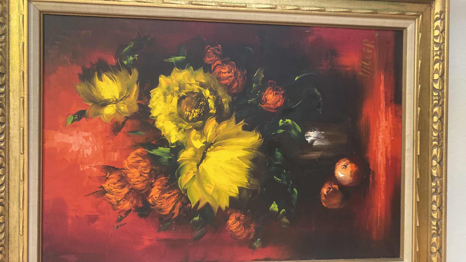 Photo 1 of GOLD WOOD FRAMED OIL ON CANVAS FLORAL SIGNED ARTWORK 32” x 44”