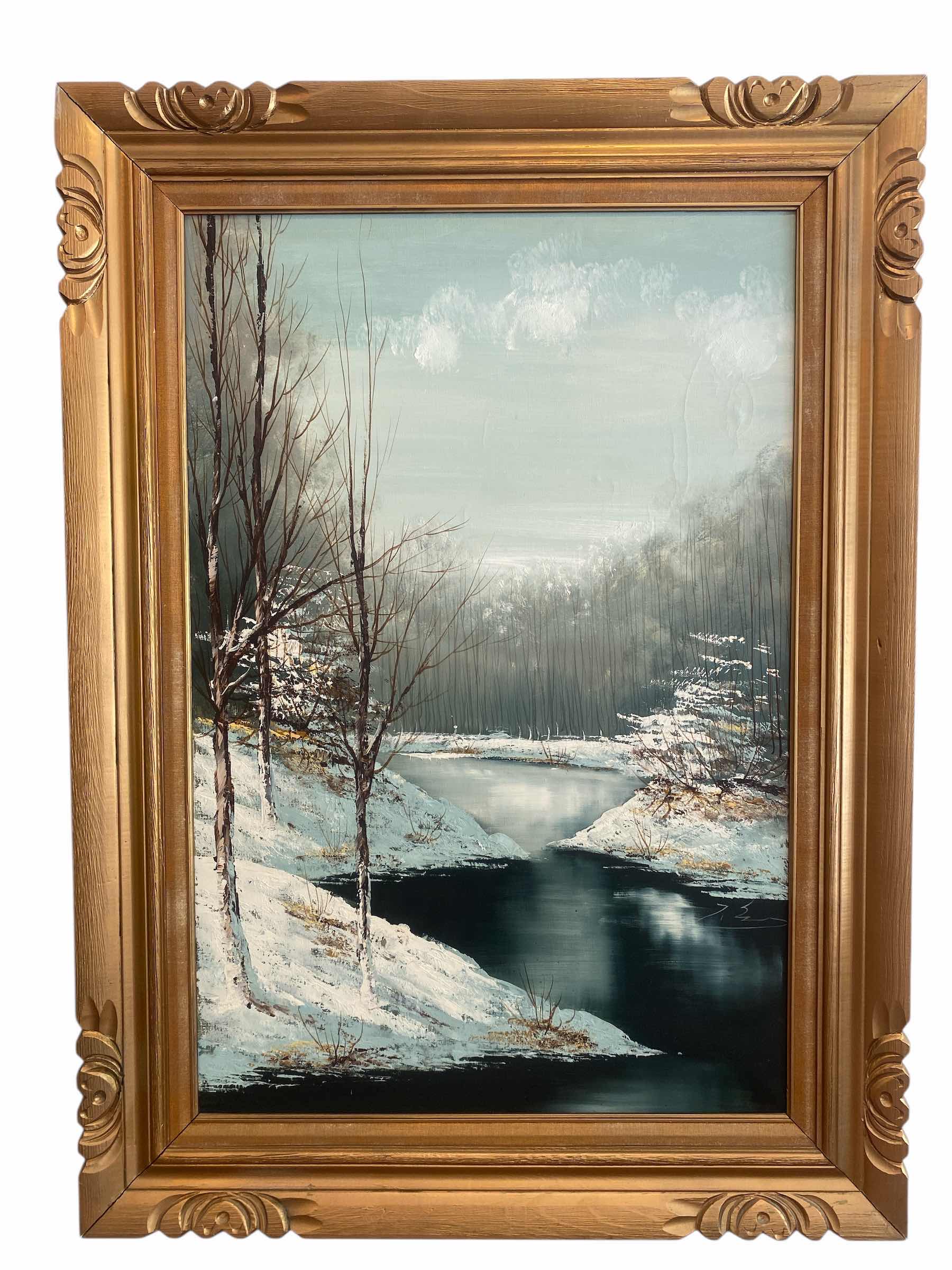 Photo 1 of GOLD WOOD FRAMED OIL PAINTING WINTER RIVER SCENE SIGNED ARTWORK 32 1/2” x 44”