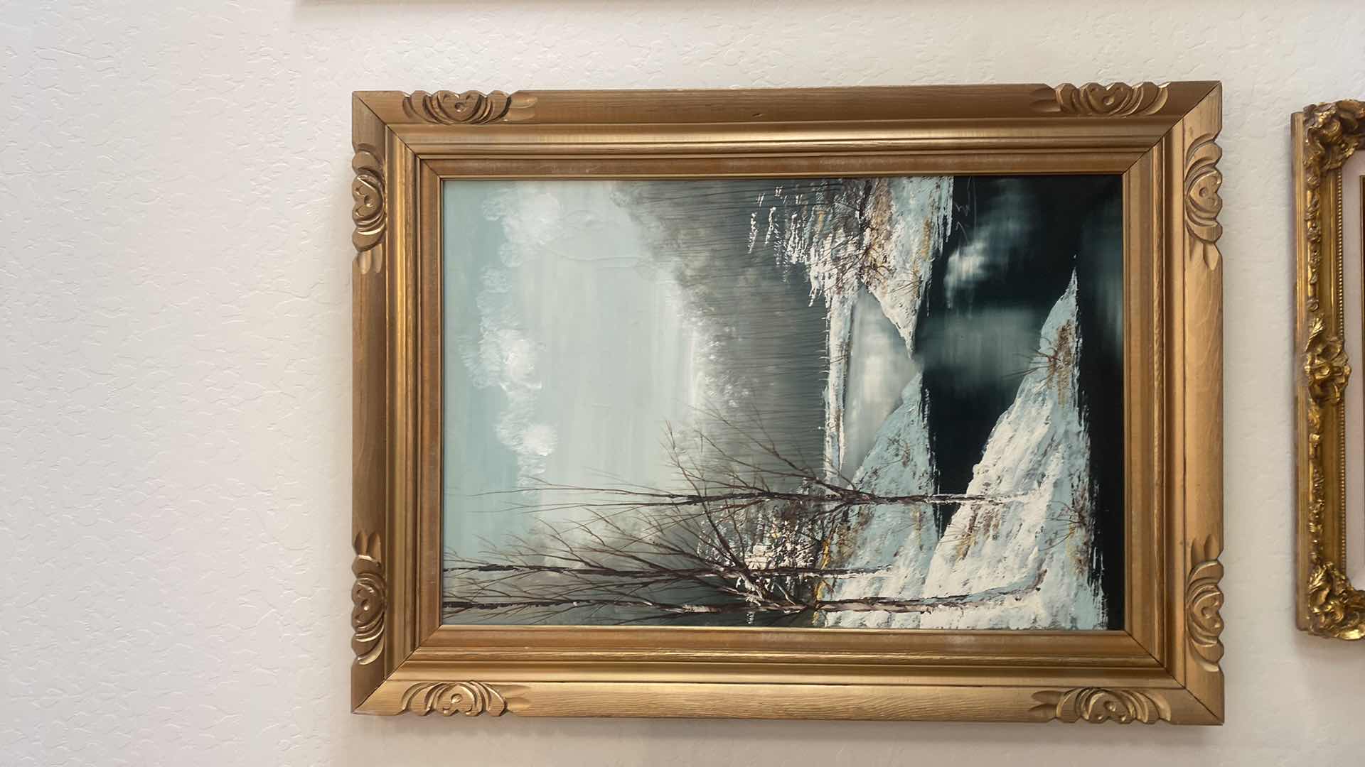 Photo 1 of GOLD WOOD FRAMED OIL PAINTING WINTER RIVER SCENE SIGNED ARTWORK 32 1/2” x 44”