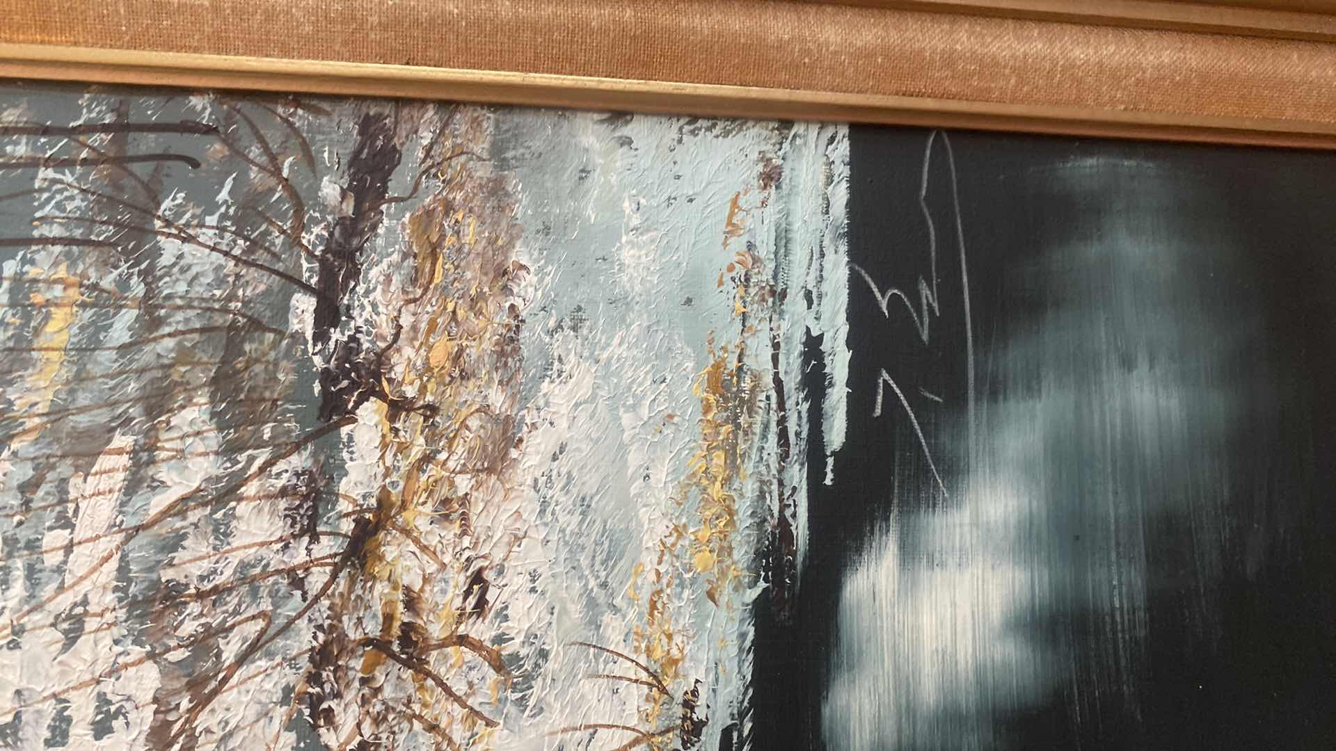 Photo 1 of GOLD WOOD FRAMED OIL PAINTING WINTER RIVER SCENE SIGNED ARTWORK 32 1/2” x 44”