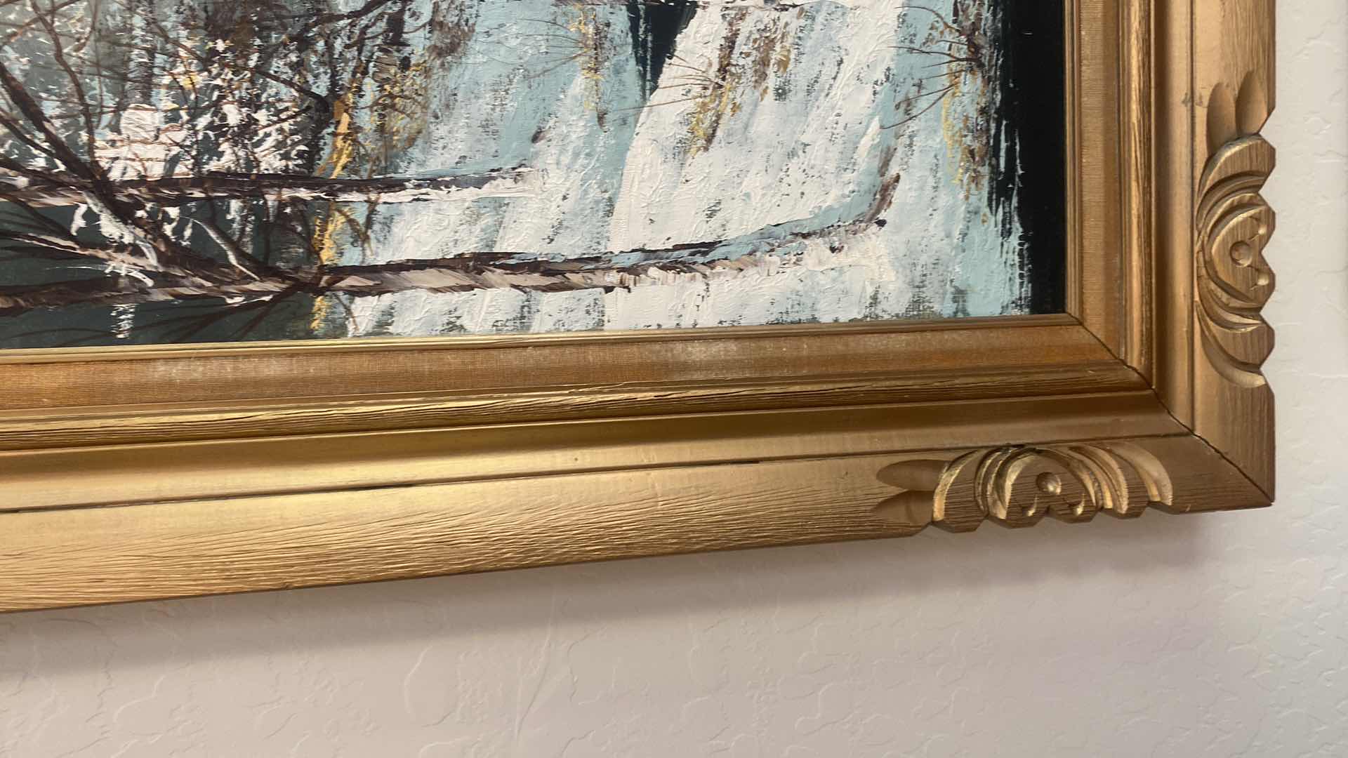 Photo 1 of GOLD WOOD FRAMED OIL PAINTING WINTER RIVER SCENE SIGNED ARTWORK 32 1/2” x 44”