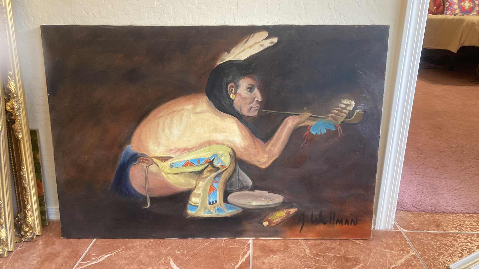 Photo 1 of STRETCHED OIL ON CANVAS NATIVE AMERICAN WITH PIPE SIGNED ARTWORK 36” x 24”