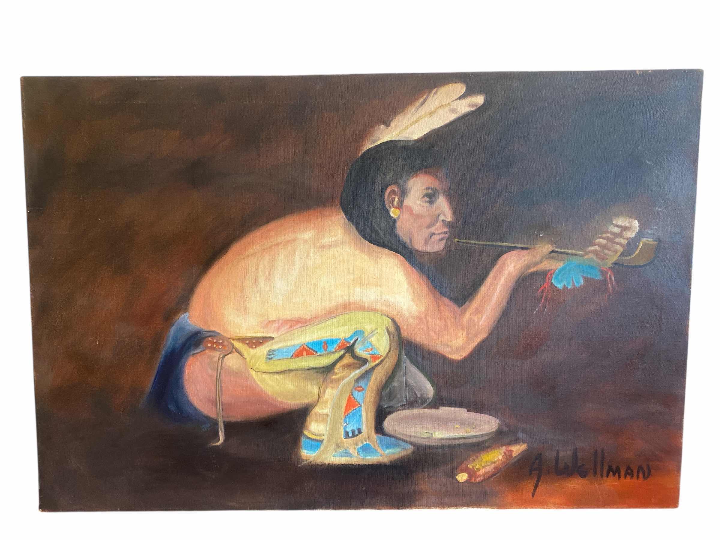 Photo 1 of STRETCHED OIL ON CANVAS NATIVE AMERICAN WITH PIPE SIGNED ARTWORK 36” x 24”