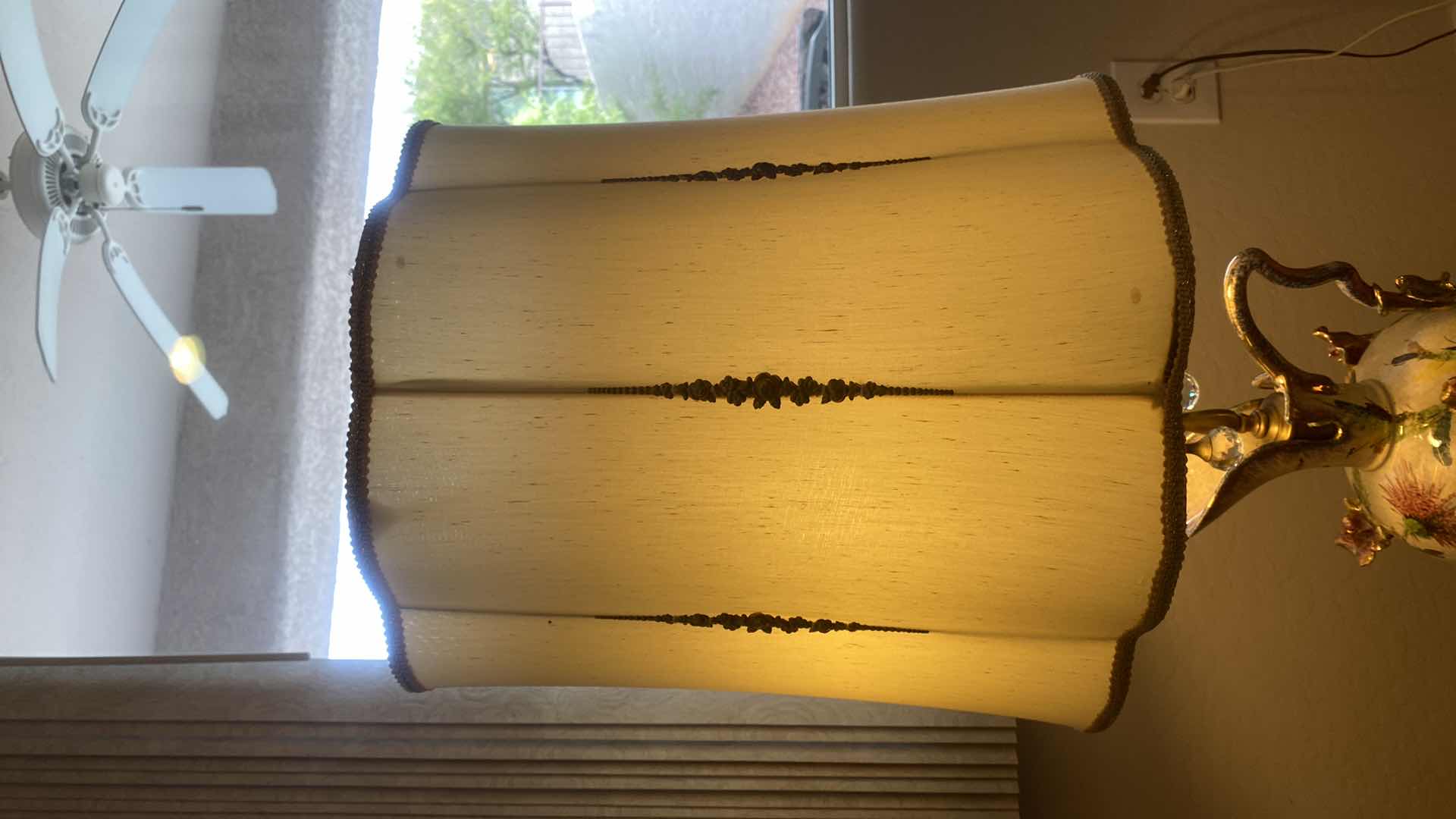 Photo 1 of VINTAGE PORCELAIN TABLE LAMP ON METAL BASE WITH SHADE H 44”