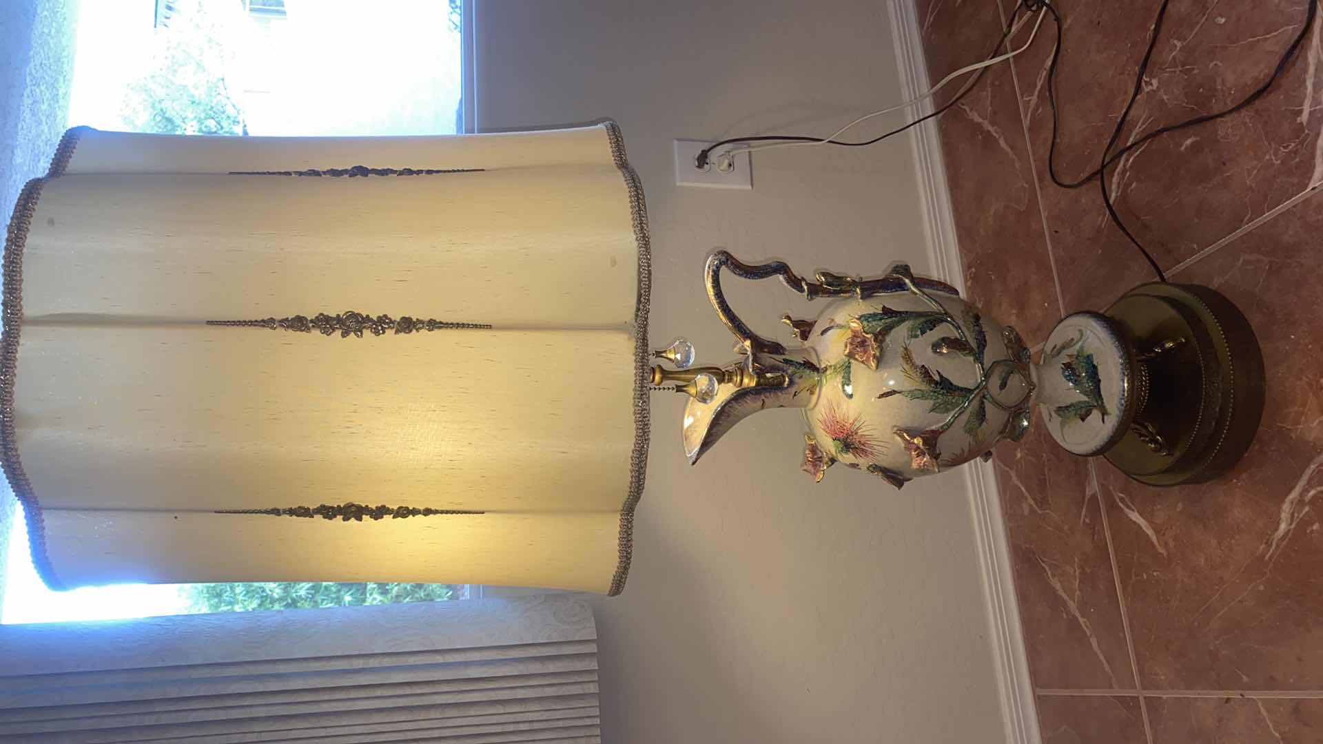 Photo 1 of VINTAGE PORCELAIN TABLE LAMP ON METAL BASE WITH SHADE H 44”