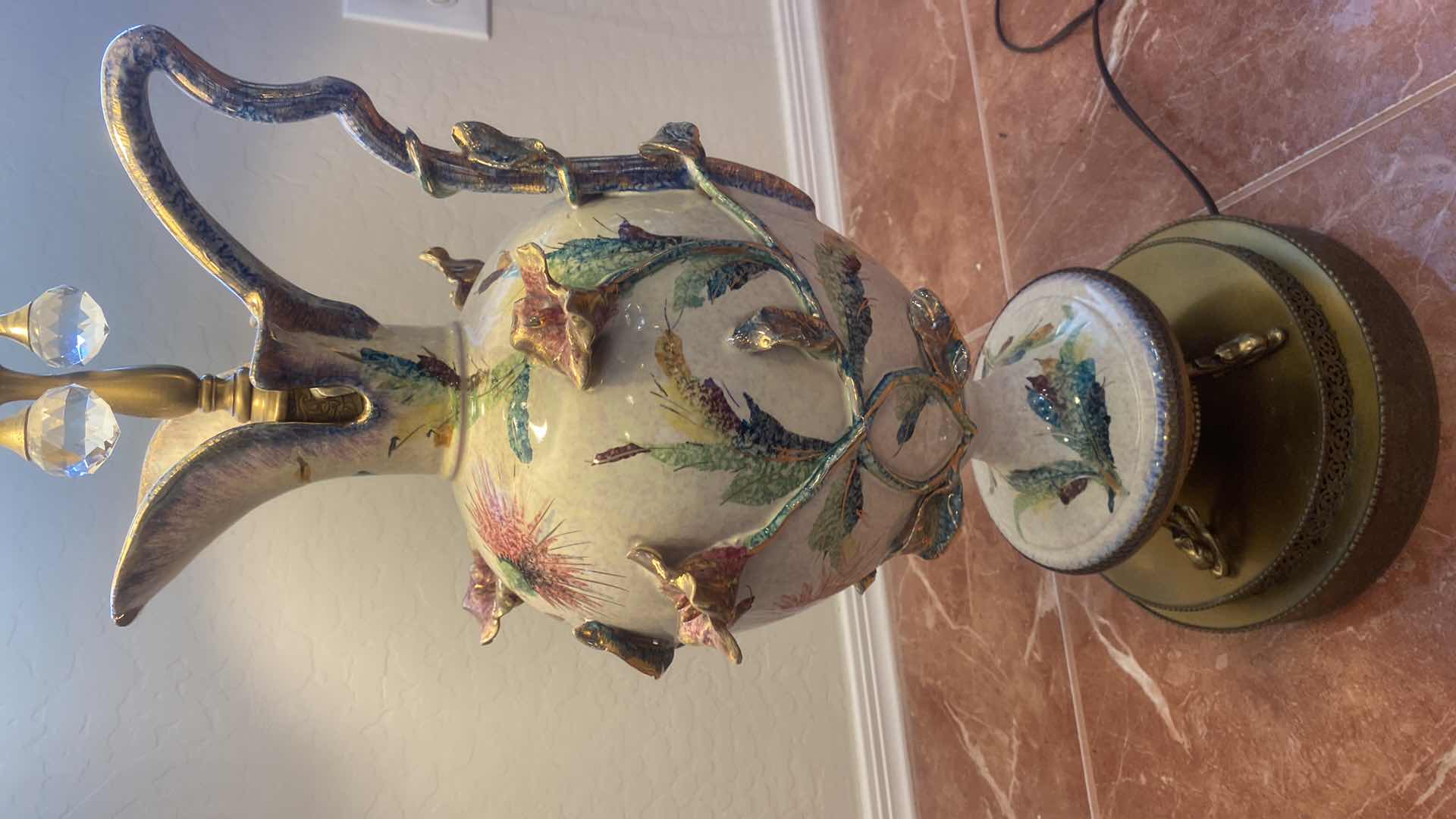 Photo 1 of VINTAGE PORCELAIN TABLE LAMP ON METAL BASE WITH SHADE H 44”