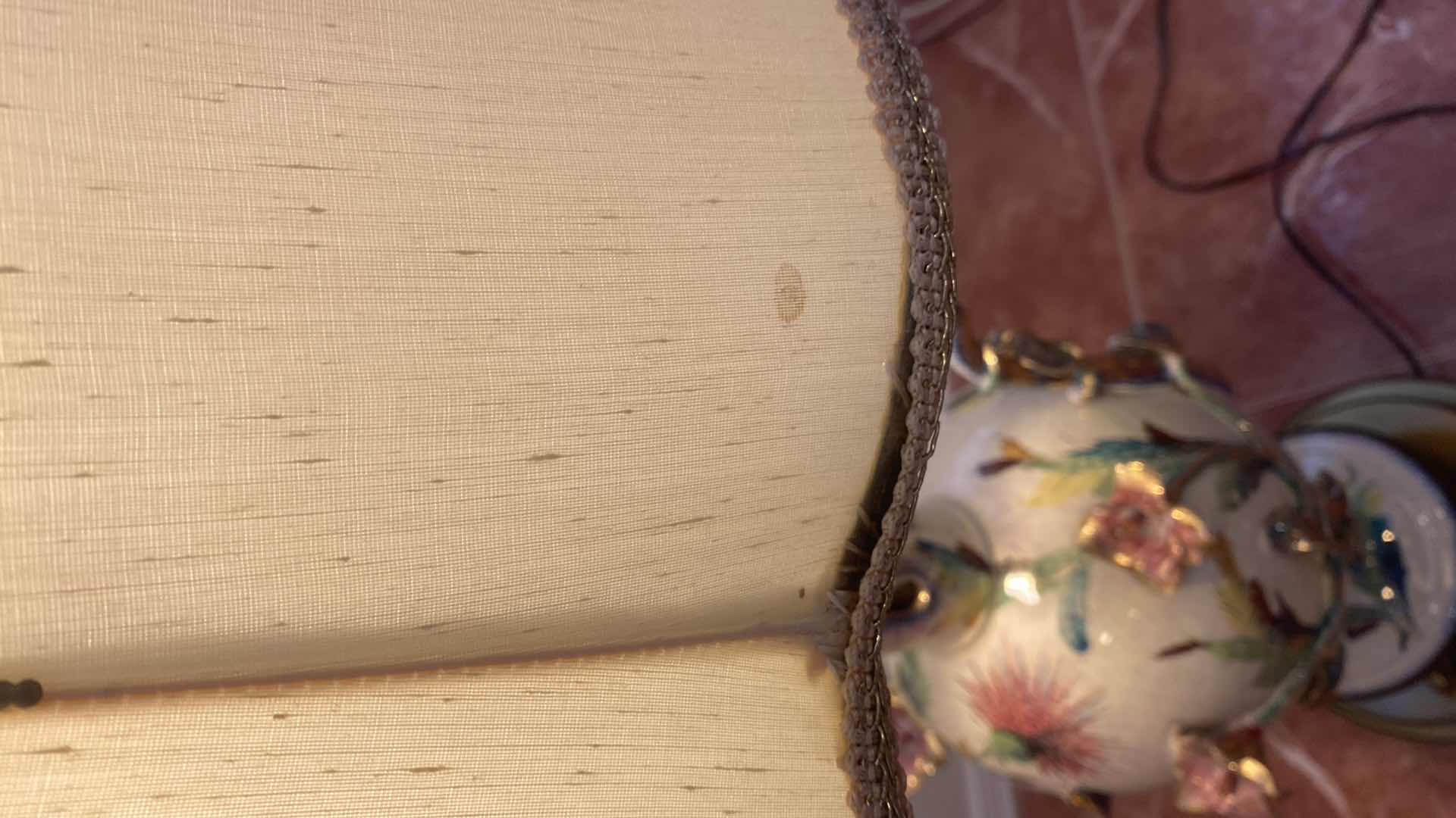Photo 1 of VINTAGE PORCELAIN TABLE LAMP ON METAL BASE WITH SHADE H 44”
