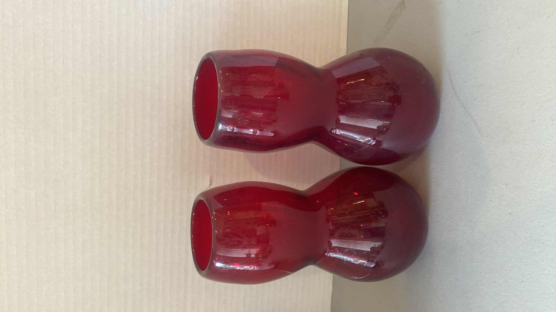Photo 1 of VINTAGE COBALT BLUE & 22K PITCHER H6” & 2 RED GLASD VASES H9”