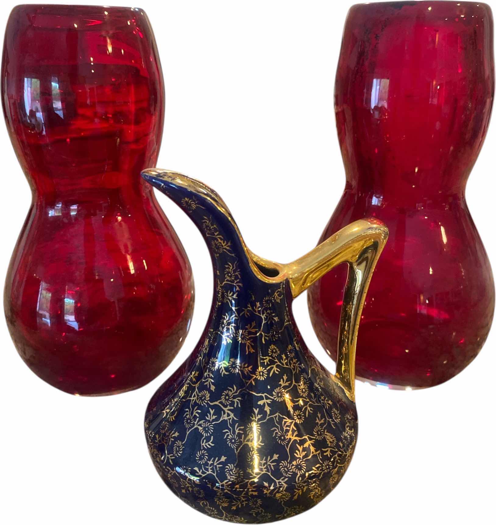 Photo 1 of VINTAGE COBALT BLUE & 22K PITCHER H6” & 2 RED GLASD VASES H9”
