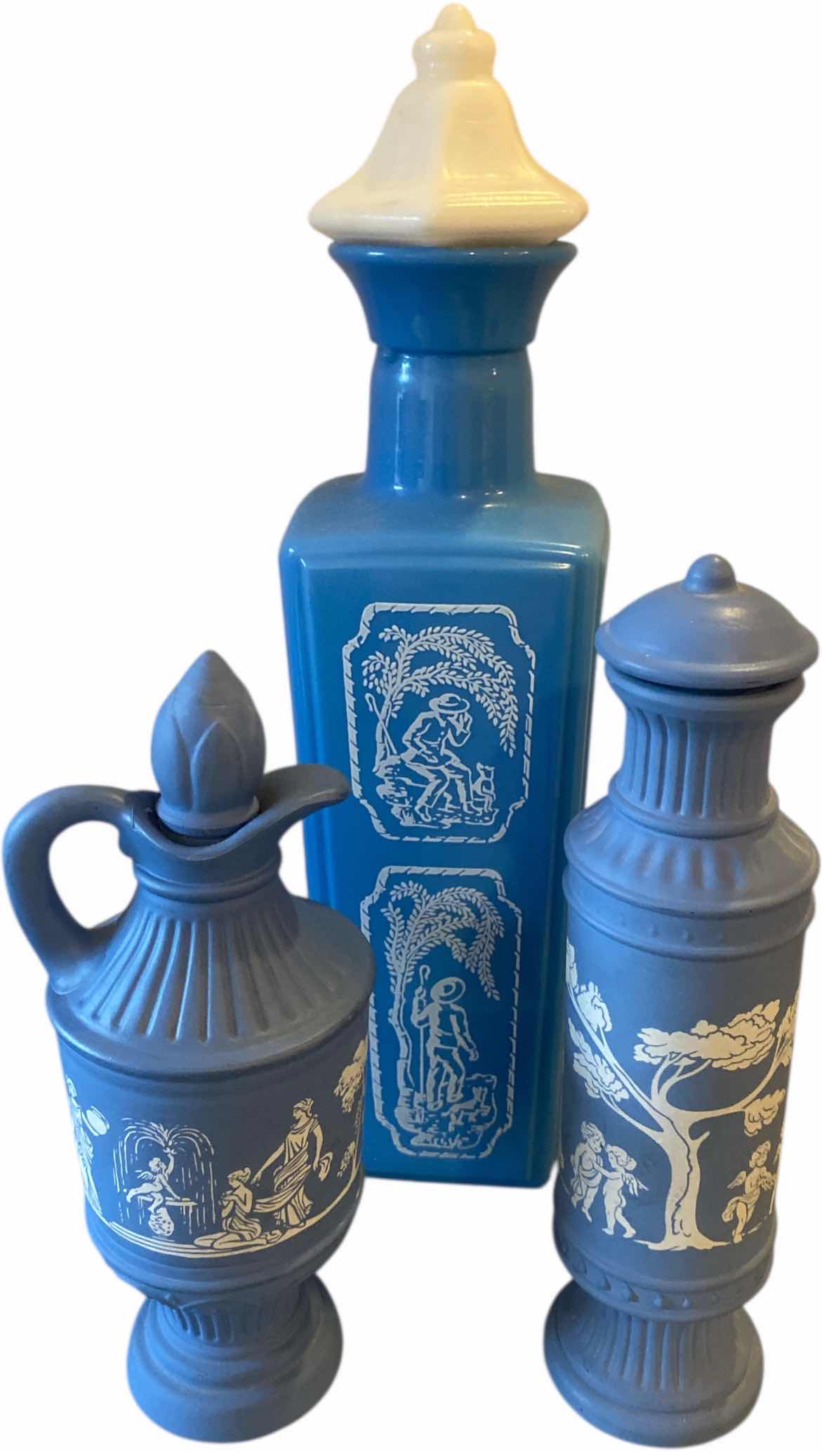 Photo 1 of VINTAGE JIM BEAM DECANTER H12” & 2 AVONSHIRE BLUE DECOR H8”