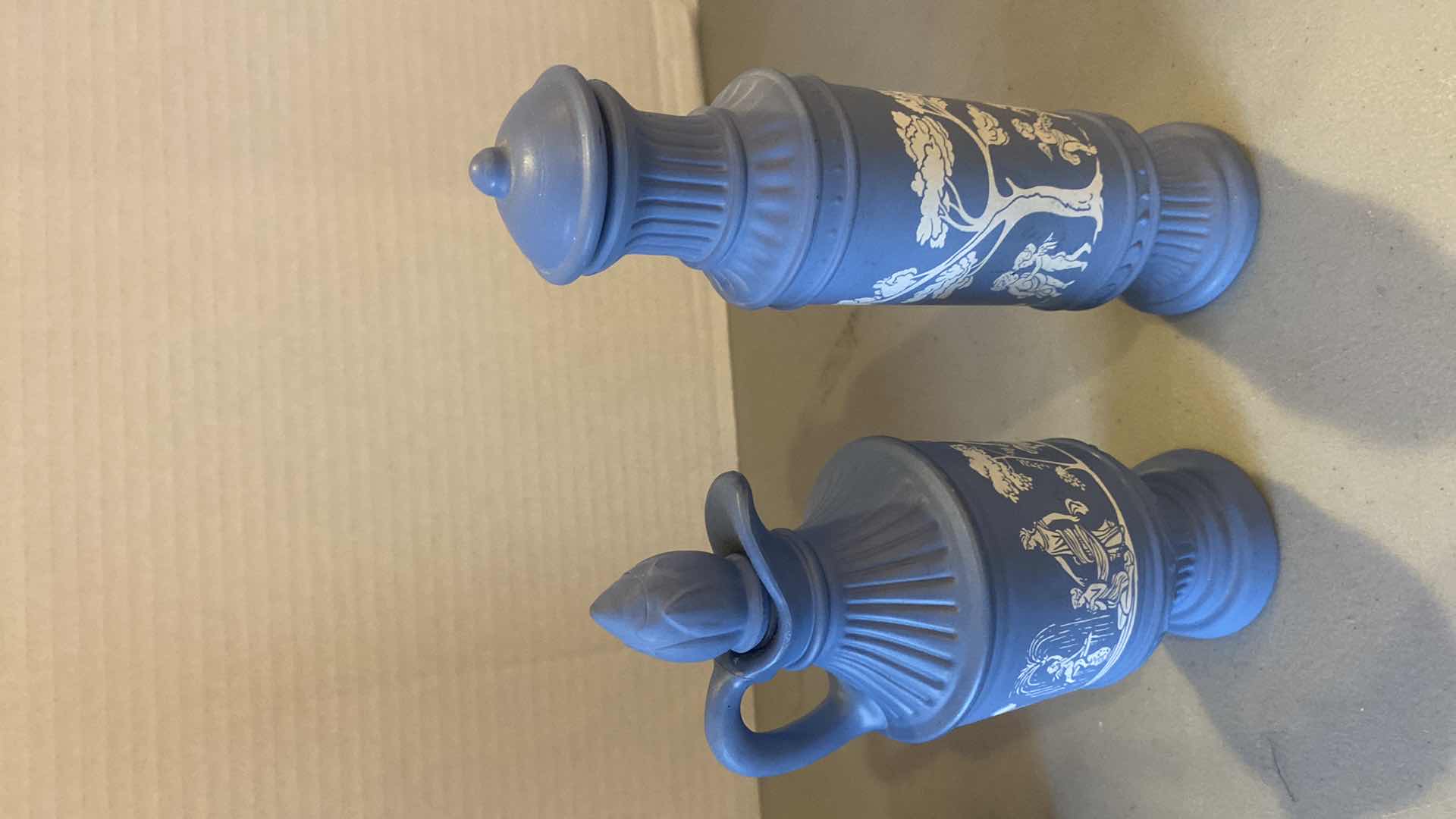 Photo 1 of VINTAGE JIM BEAM DECANTER H12” & 2 AVONSHIRE BLUE DECOR H8”