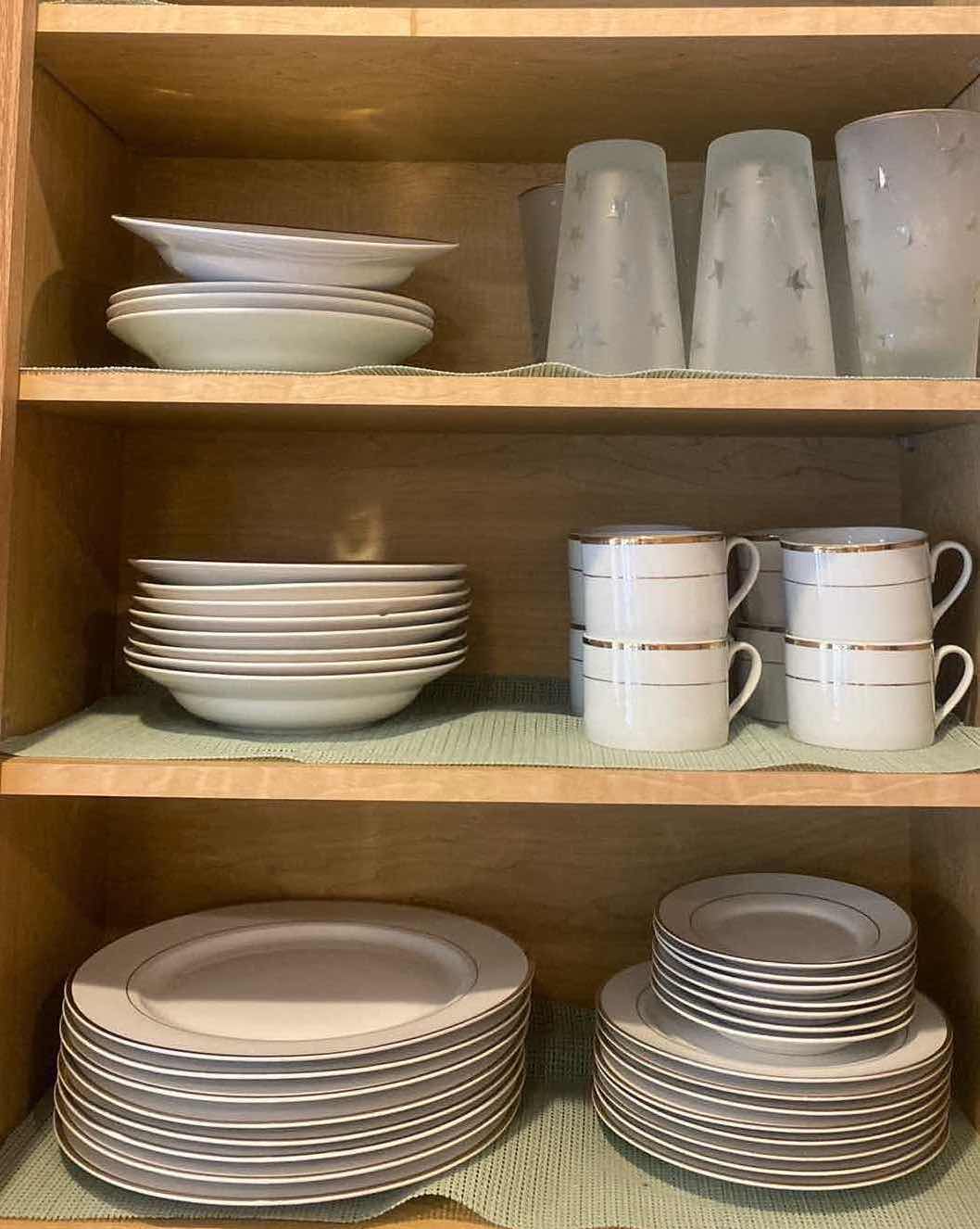 Photo 1 of CONTENTS OF CABINET - 47 PCS GOLDEN TRADITIONS PORCELAIN DINNERWARE & GLASSES