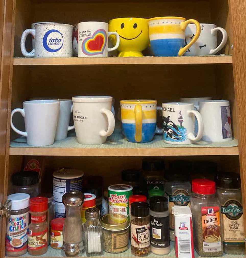 Photo 1 of CONTENTS OF CABINET - COFFEE CUPS & SPICES