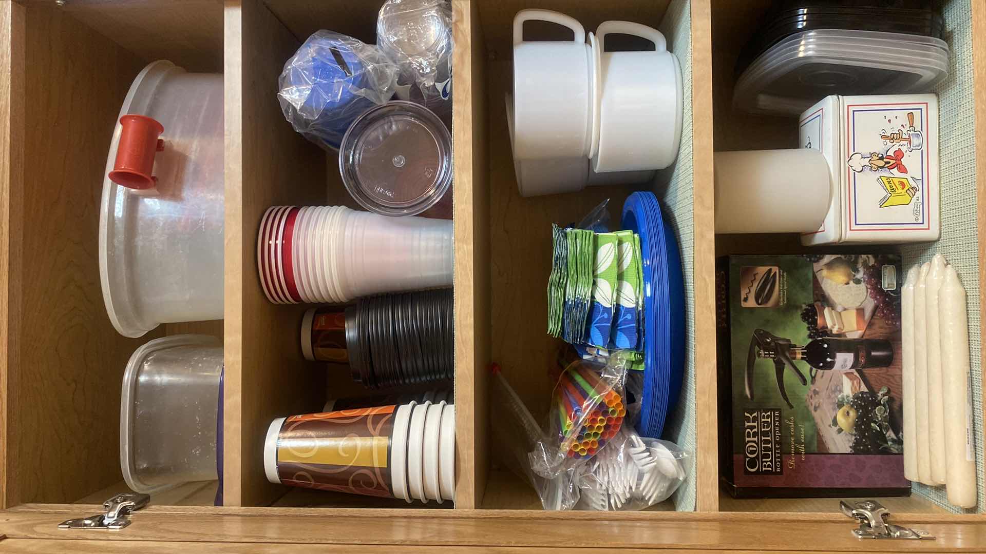 Photo 1 of CONTENTS OF CABINET - CORK BUTLER & DISPOSABLE PAPER STYROFOAM CUPS PLAYES NAPKINS