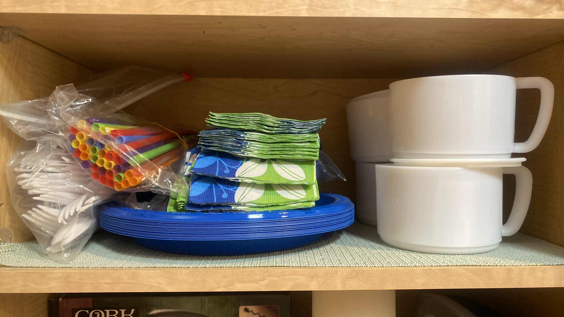 Photo 1 of CONTENTS OF CABINET - CORK BUTLER & DISPOSABLE PAPER STYROFOAM CUPS PLAYES NAPKINS
