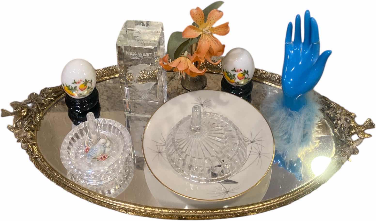 Photo 1 of MIRRORED VANITY TRAY WITH RING HOLDERS EGGS & KEY WEST ETCHED PRISM GLASS