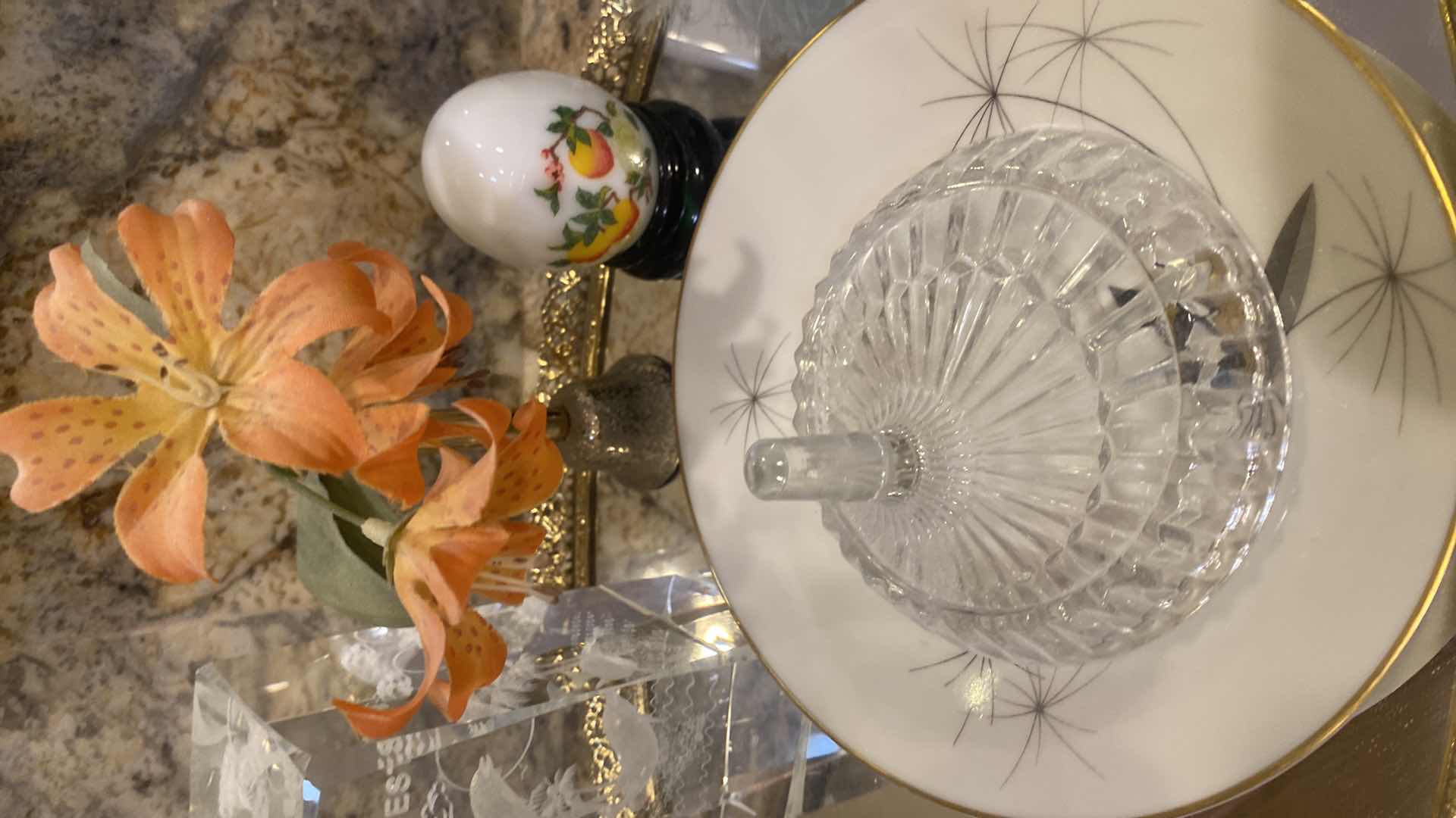 Photo 1 of MIRRORED VANITY TRAY WITH RING HOLDERS EGGS & KEY WEST ETCHED PRISM GLASS