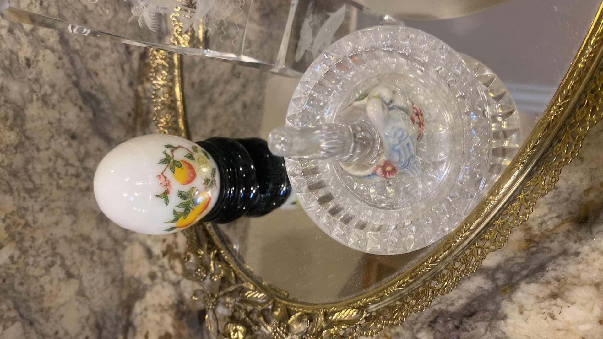 Photo 1 of MIRRORED VANITY TRAY WITH RING HOLDERS EGGS & KEY WEST ETCHED PRISM GLASS