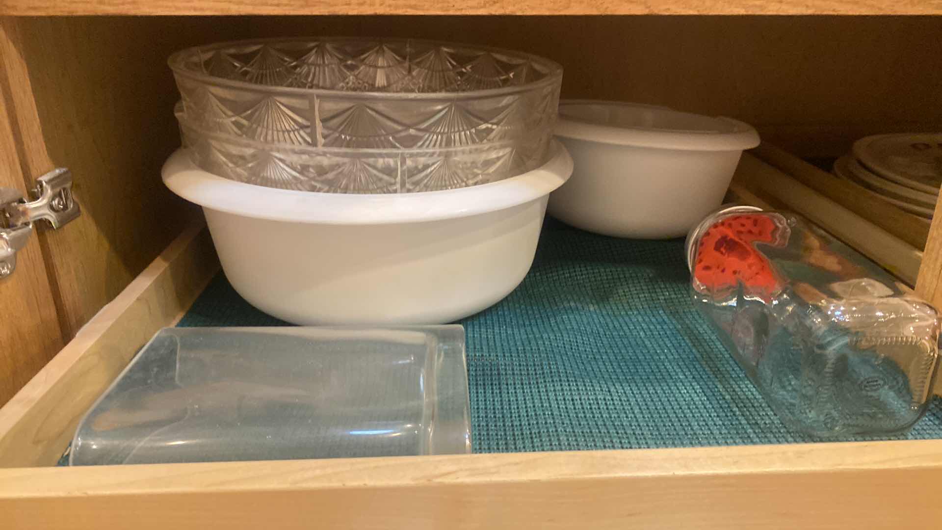 Photo 1 of CONTENTS OF CABINET - TURKEY PLATTER GLASS DIVIDED PLATE & PLASTIC WARE TOP SHELF