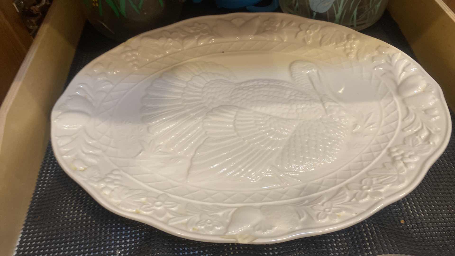 Photo 1 of CONTENTS OF CABINET - TURKEY PLATTER GLASS DIVIDED PLATE & PLASTIC WARE TOP SHELF