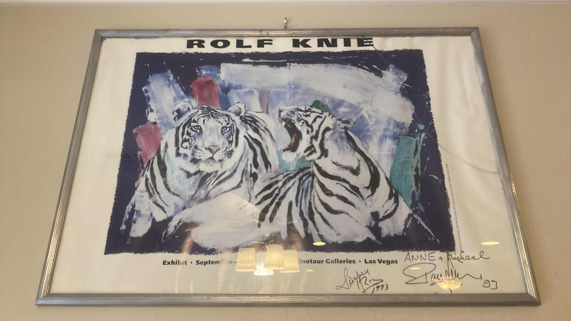 Photo 1 of FRAMED 1993 POSTER SIEGFRIED & ROY EXHIBIT SIGNED ARTWORK 37” x 25” & BROCHURE