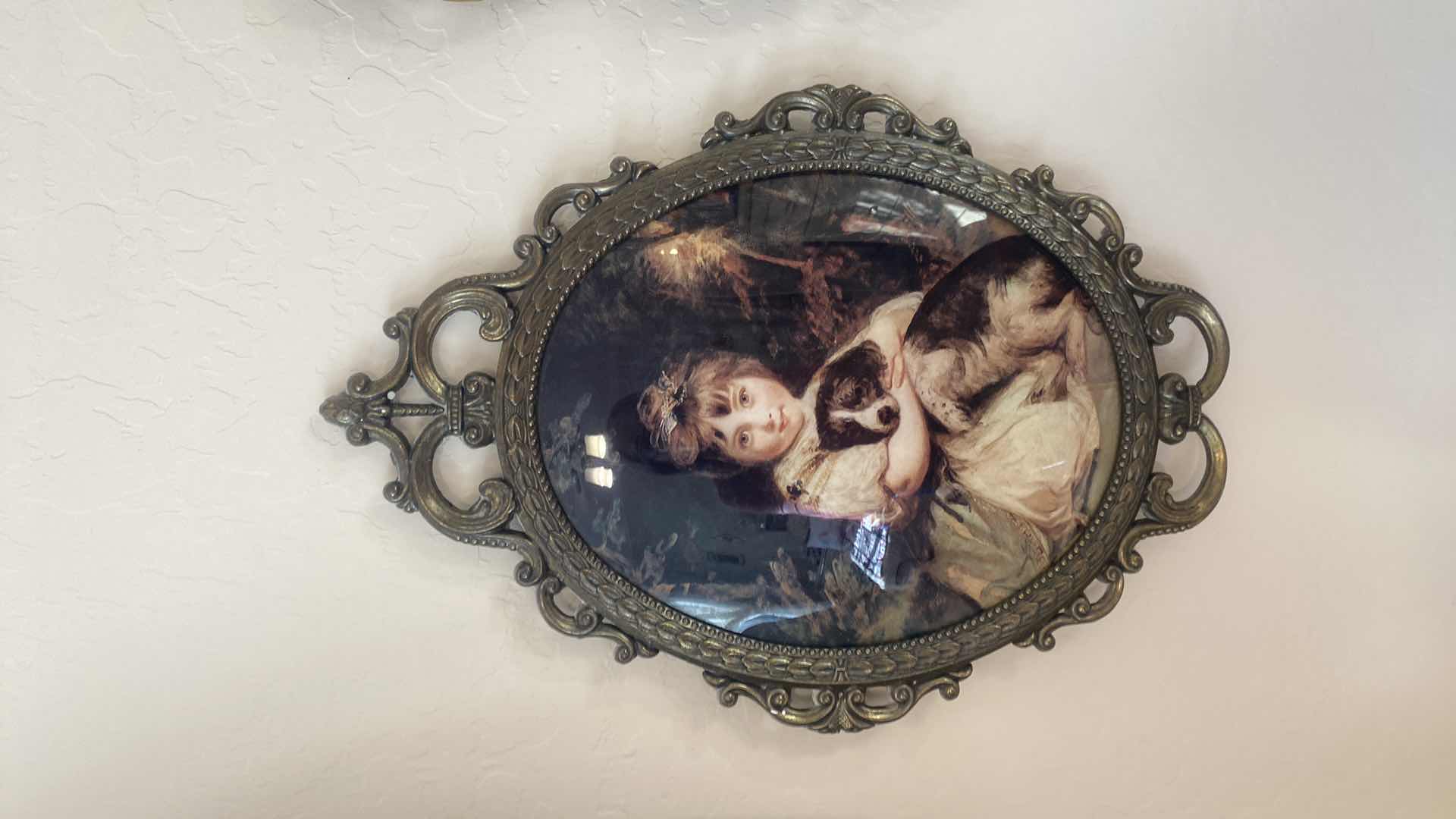 Photo 1 of FRAME WITH PHOTO GIRL WITH DOG & PLASTIC FRAMED GOLD MIRROR 16” x 26”