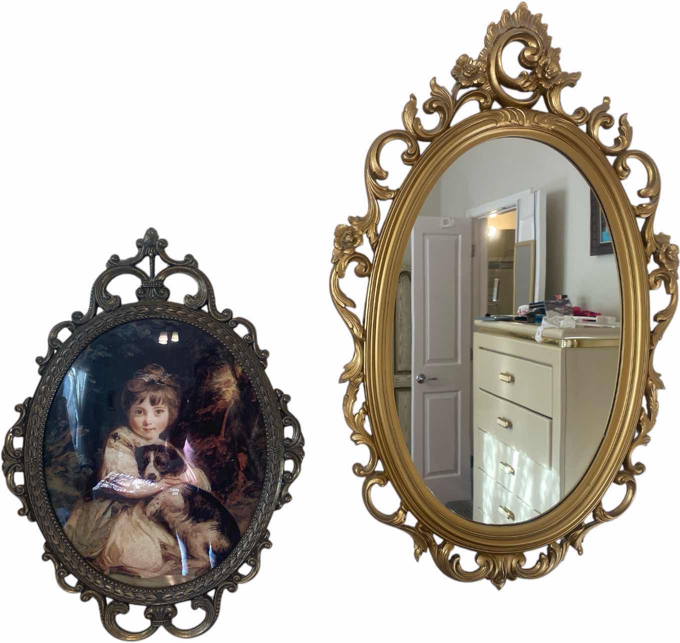 Photo 1 of FRAME WITH PHOTO GIRL WITH DOG & PLASTIC FRAMED GOLD MIRROR 16” x 26”