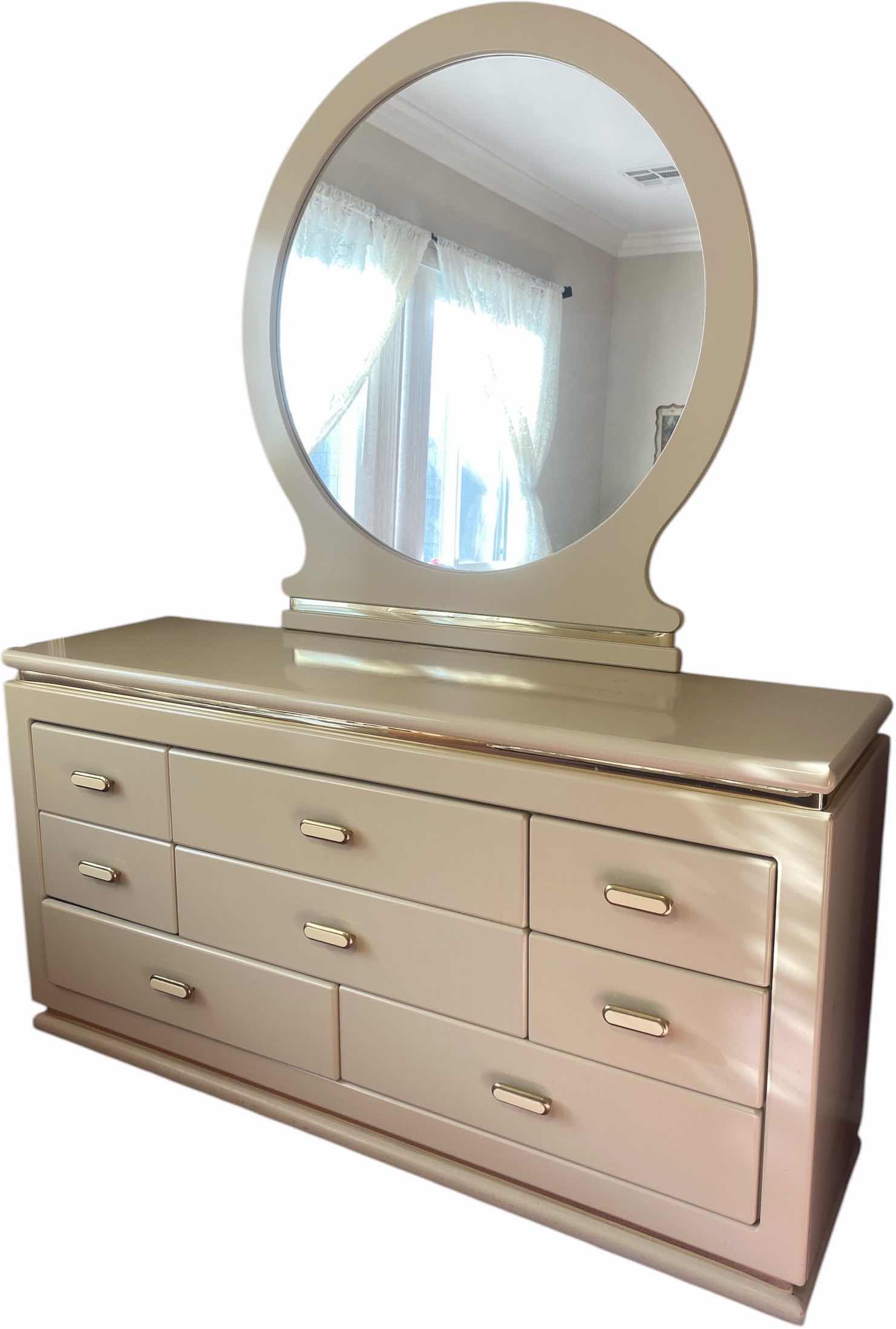 Photo 1 of MID CENTURY 8 DRAWER CREAM & GOLD TRIM WOOD DRESSER WITH MIRROR 64“ x 18 1/2“ H 33”