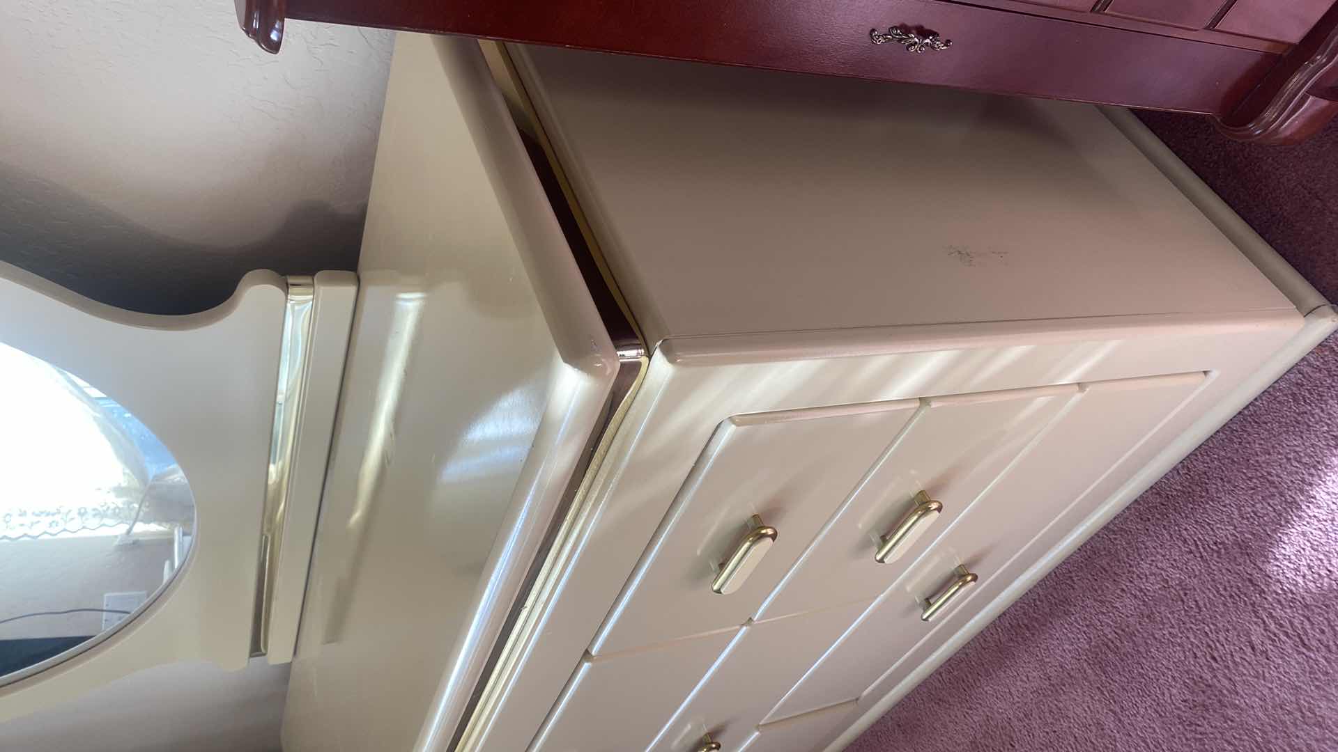 Photo 1 of MID CENTURY 8 DRAWER CREAM & GOLD TRIM WOOD DRESSER WITH MIRROR 64“ x 18 1/2“ H 33”