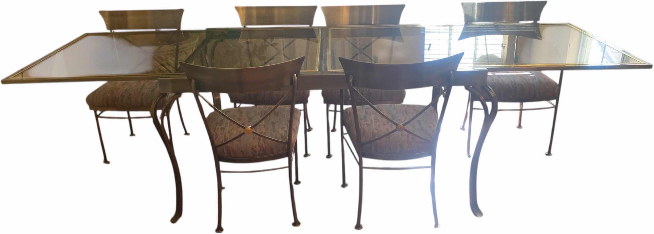Photo 1 of 7 PIECE SMOKED GLASS AND HEAVY METAL TABLE, WITH 6 CHAIRS (2 ARM CHAIRS 4 DINING CHAIRS, TABLE EXPANDS) 5’ X 40” H30” EXPANDS TO 10’