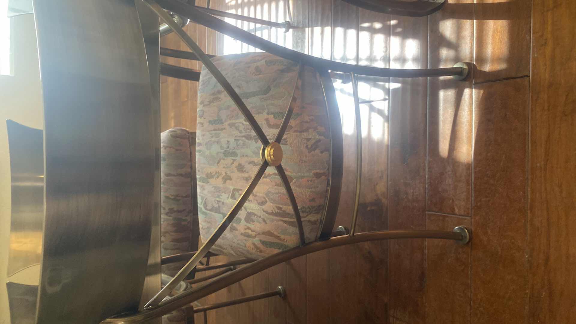 Photo 1 of 7 PIECE SMOKED GLASS AND HEAVY METAL TABLE, WITH 6 CHAIRS (2 ARM CHAIRS 4 DINING CHAIRS, TABLE EXPANDS) 5’ X 40” H30” EXPANDS TO 10’