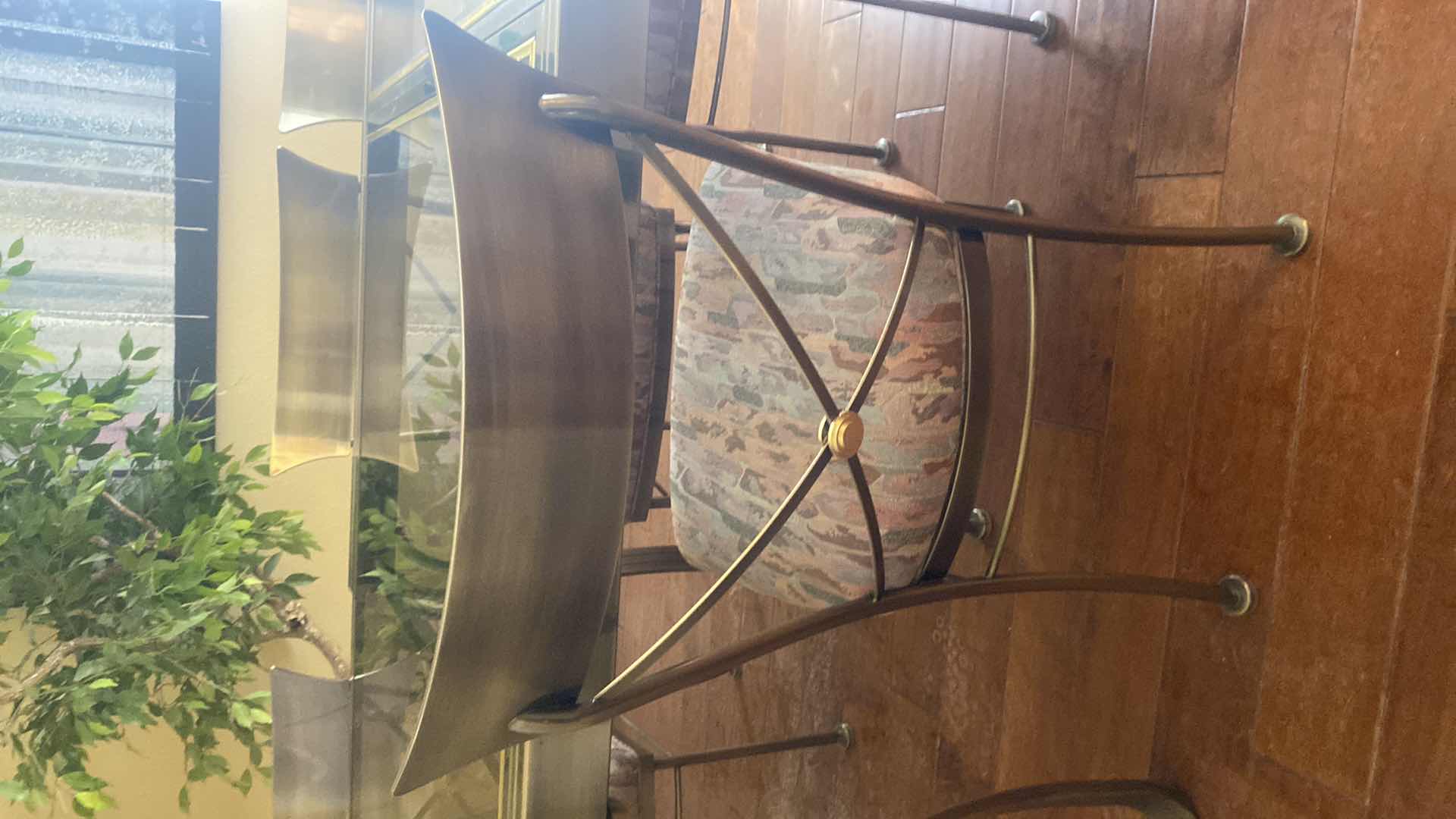 Photo 1 of 7 PIECE SMOKED GLASS AND HEAVY METAL TABLE, WITH 6 CHAIRS (2 ARM CHAIRS 4 DINING CHAIRS, TABLE EXPANDS) 5’ X 40” H30” EXPANDS TO 10’