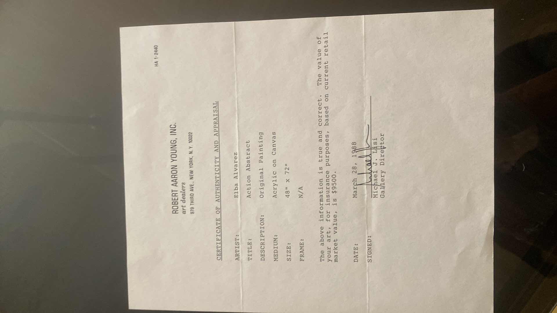 Photo 1 of VINTAGE ORIGINAL ACRYLIC ON CANVAS “ACTION ABSTRACT by ELBA ALVAREZ ARTWORK WITH COA/APPRAISAL 72” X 48”