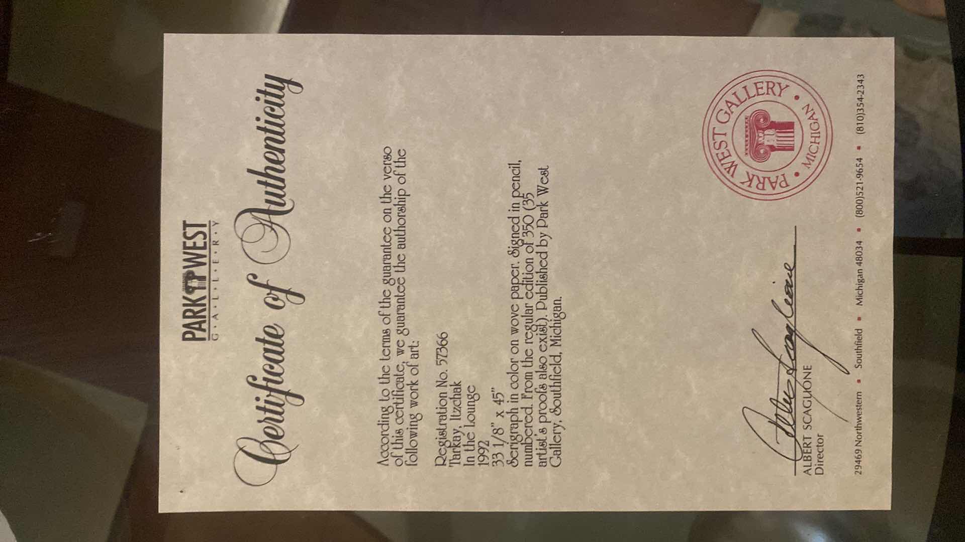 Photo 1 of VINTAGE 1992 GOLD FRAMED ITZCHAK TARKAY “IN THE LOUNGE” SERIGRAPH SIGNED & NUMBERED ARTWORK UNFRAMED MEASURES 33 1/8” X 45” FRAMED 58“ X 47“ WITH COA