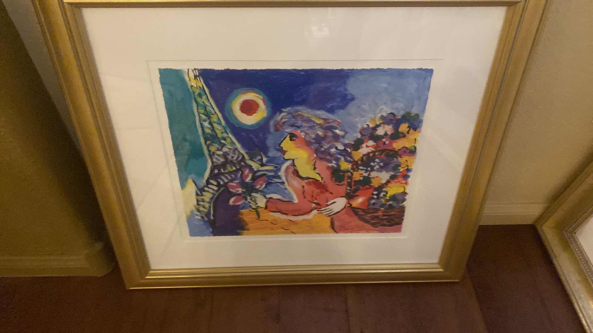 Photo 1 of VINTAGE 1996 GOLD FRAMED “WOMAN WITH RED BOUQUET AND SUN” by ZAMY STEYNOVITZ SIGNED & NUMBERED SERIGRAPH ARTWORK UNFRAMED MEASURES 12” X 14 1/2” FRAMED 25 1/2“ X 23“ WITH COA