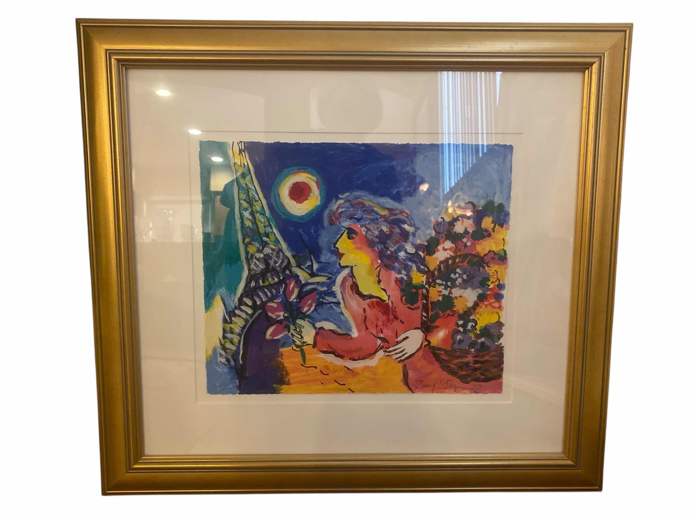 Photo 1 of VINTAGE 1996 GOLD FRAMED “WOMAN WITH RED BOUQUET AND SUN” by ZAMY STEYNOVITZ SIGNED & NUMBERED SERIGRAPH ARTWORK UNFRAMED MEASURES 12” X 14 1/2” FRAMED 25 1/2“ X 23“ WITH COA