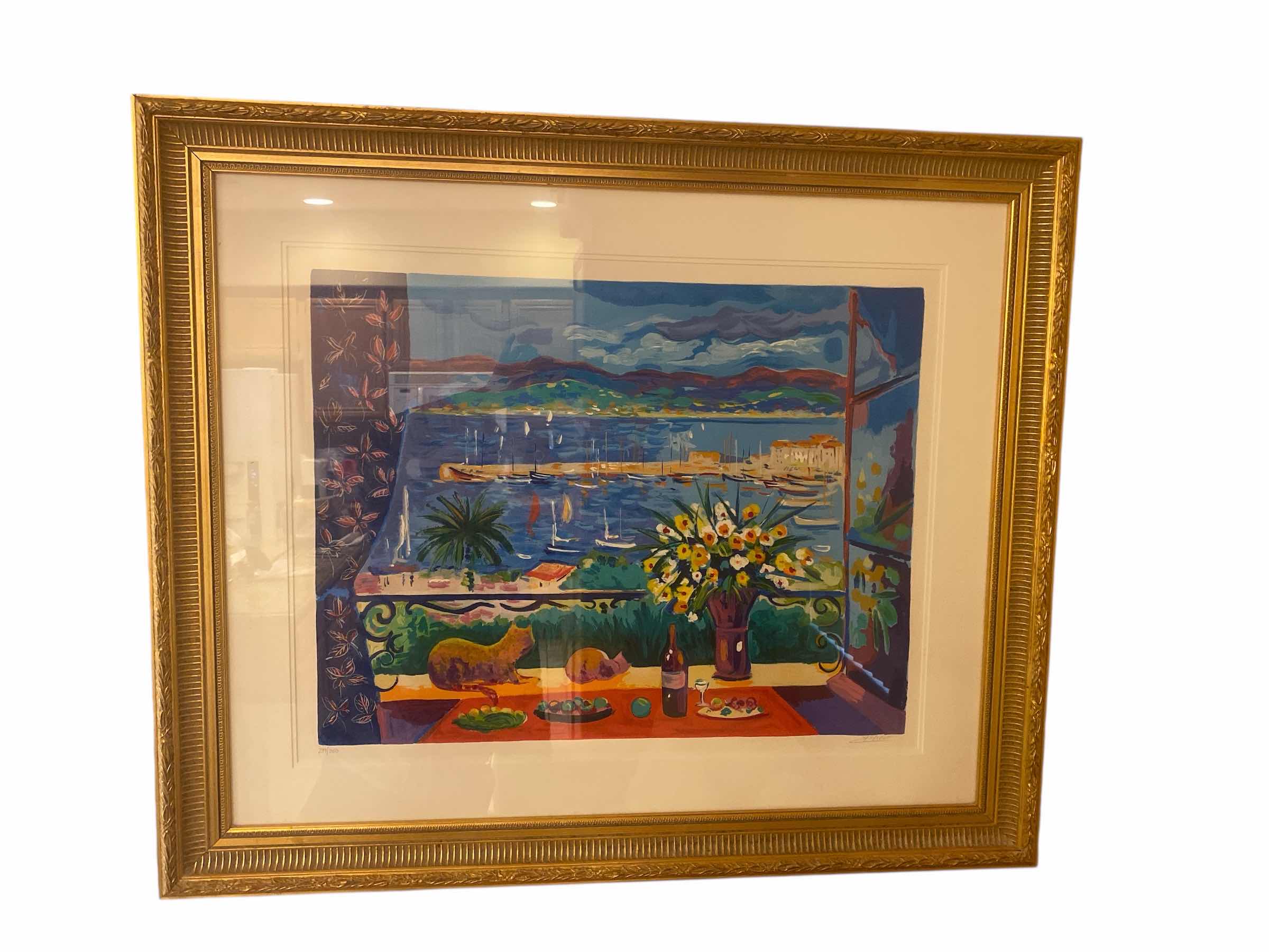 Photo 1 of VINTAGE 1996 GOLD FRAMED “CHAT à la FENETRE a St. TROPEZ” by JEAN CLAUDE PICOT SIGNED & NUMBERED SERIGRAPH ARTWORK UN FRAMED 20 1/4” X 26 1/4” FRAMED 39“ X 33“ WITH COA