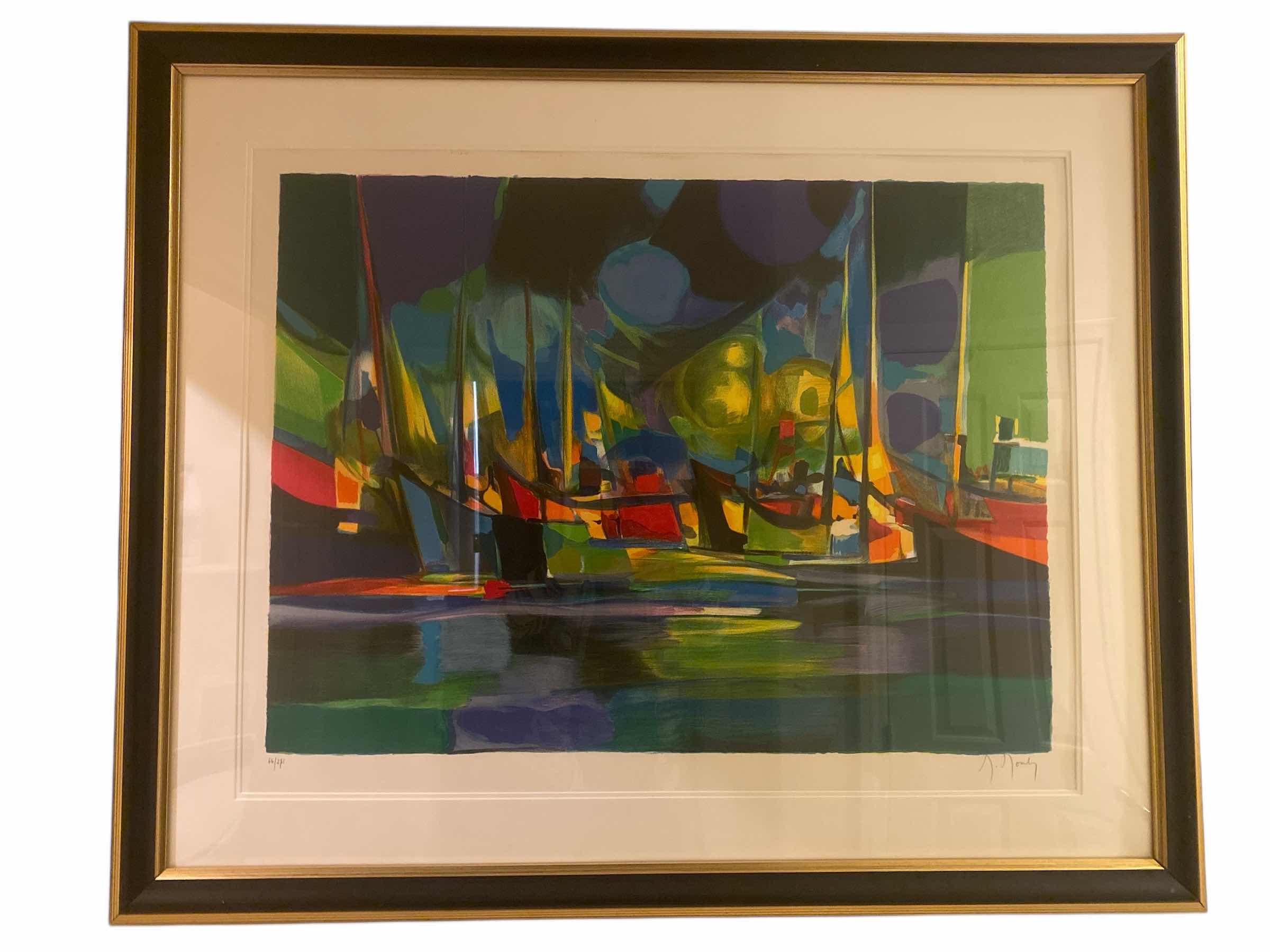 Photo 1 of VINTAGE BLACK & GOLD FRAMED “L’ESCALE” by MARCEL MOULY SIGNED & NUMBERED LITHOGRAPH ARTWORK UNFRAMED 25” X 33 1/2” FRAMED 47“ X 38“ WITH COA