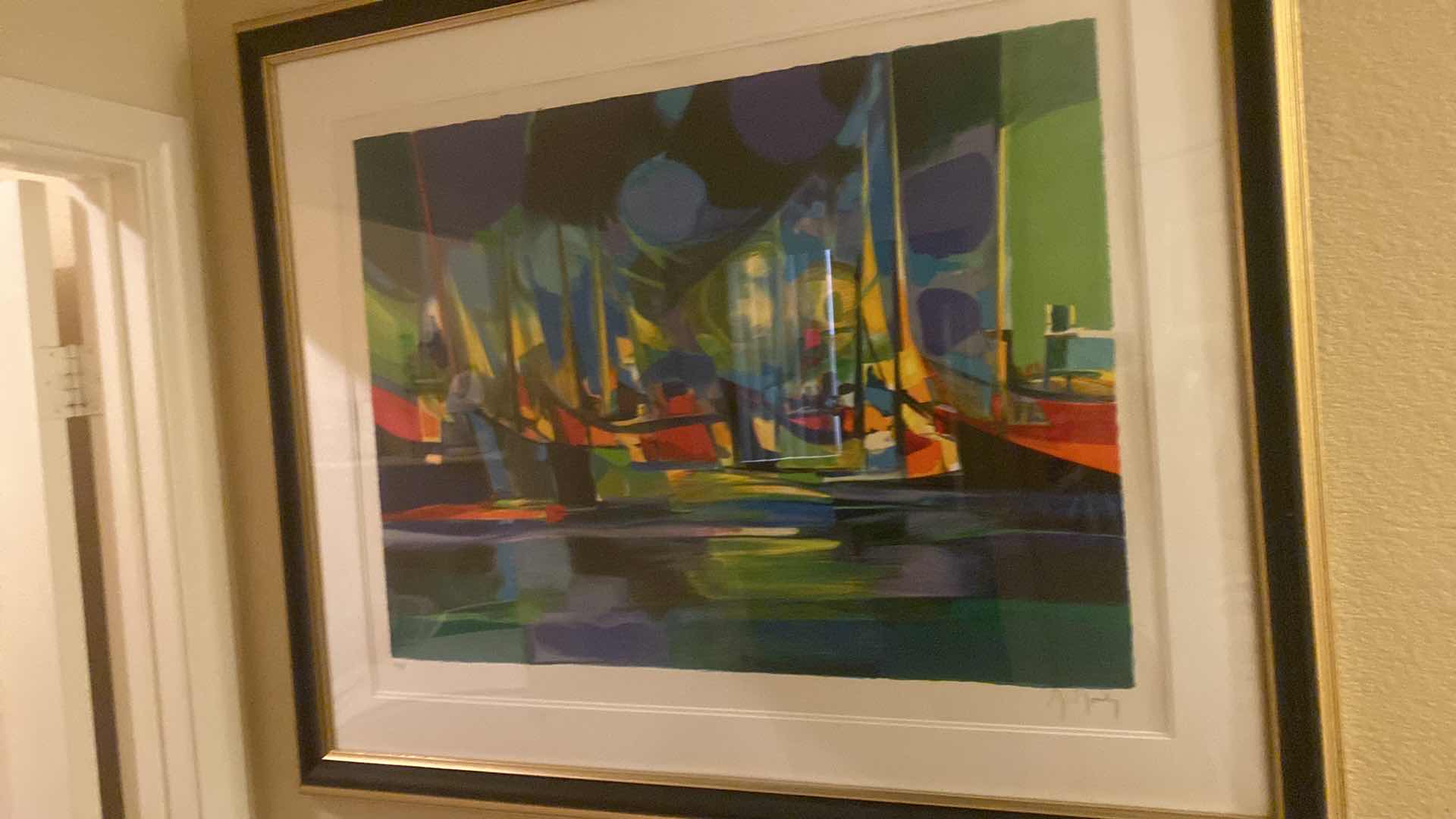 Photo 1 of VINTAGE BLACK & GOLD FRAMED “L’ESCALE” by MARCEL MOULY SIGNED & NUMBERED LITHOGRAPH ARTWORK UNFRAMED 25” X 33 1/2” FRAMED 47“ X 38“ WITH COA