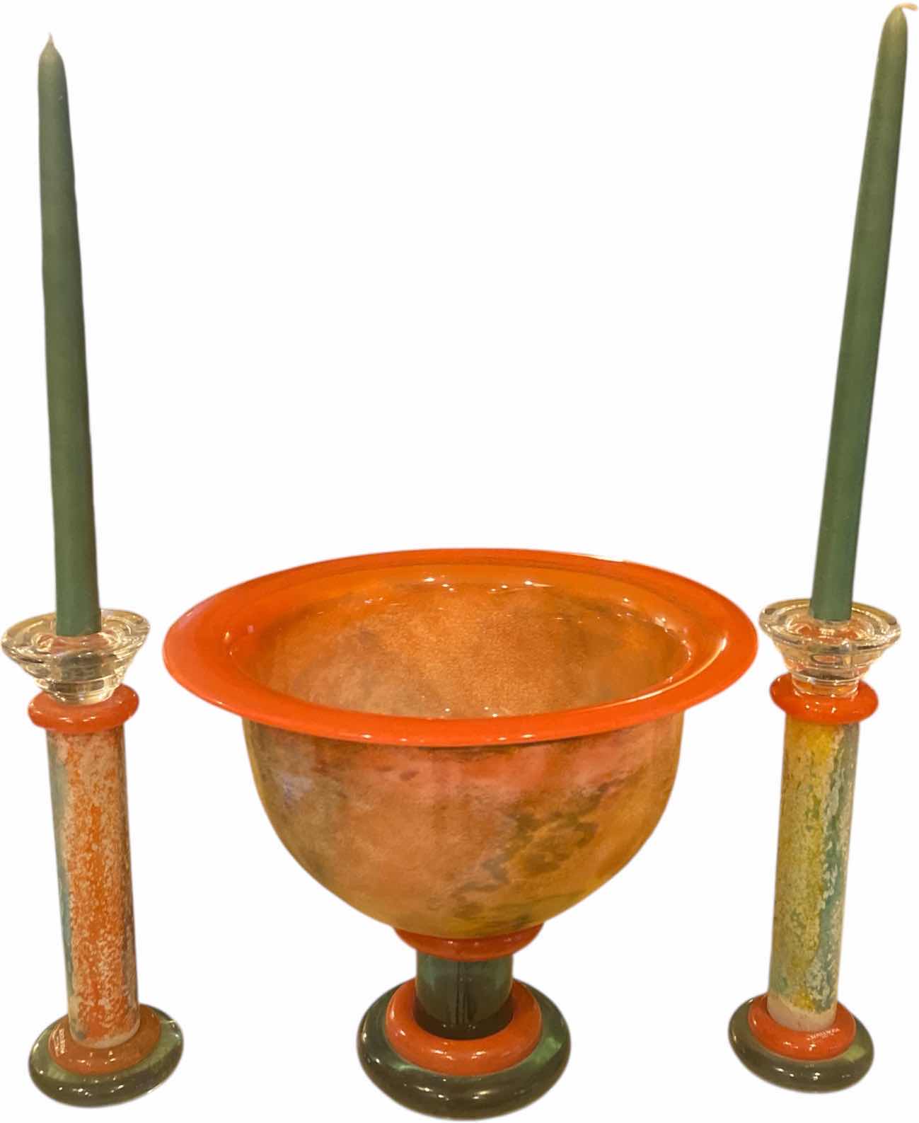 View 1 of VINTAGE KJELL ENGMAN KOSTA BODA FOOTED BOWL 12“ X 10“ & 2 CANDLESTICKS H10” EXCLUDING CANDLES