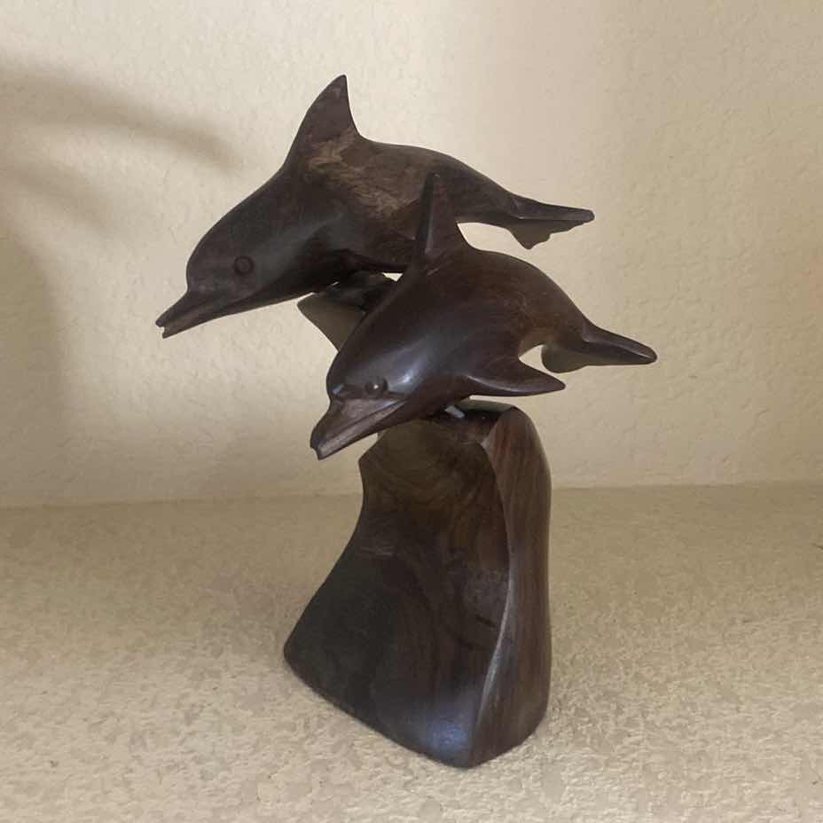Photo 1 of CARVED WOOD DOLPHINS SCULPTURE H8”