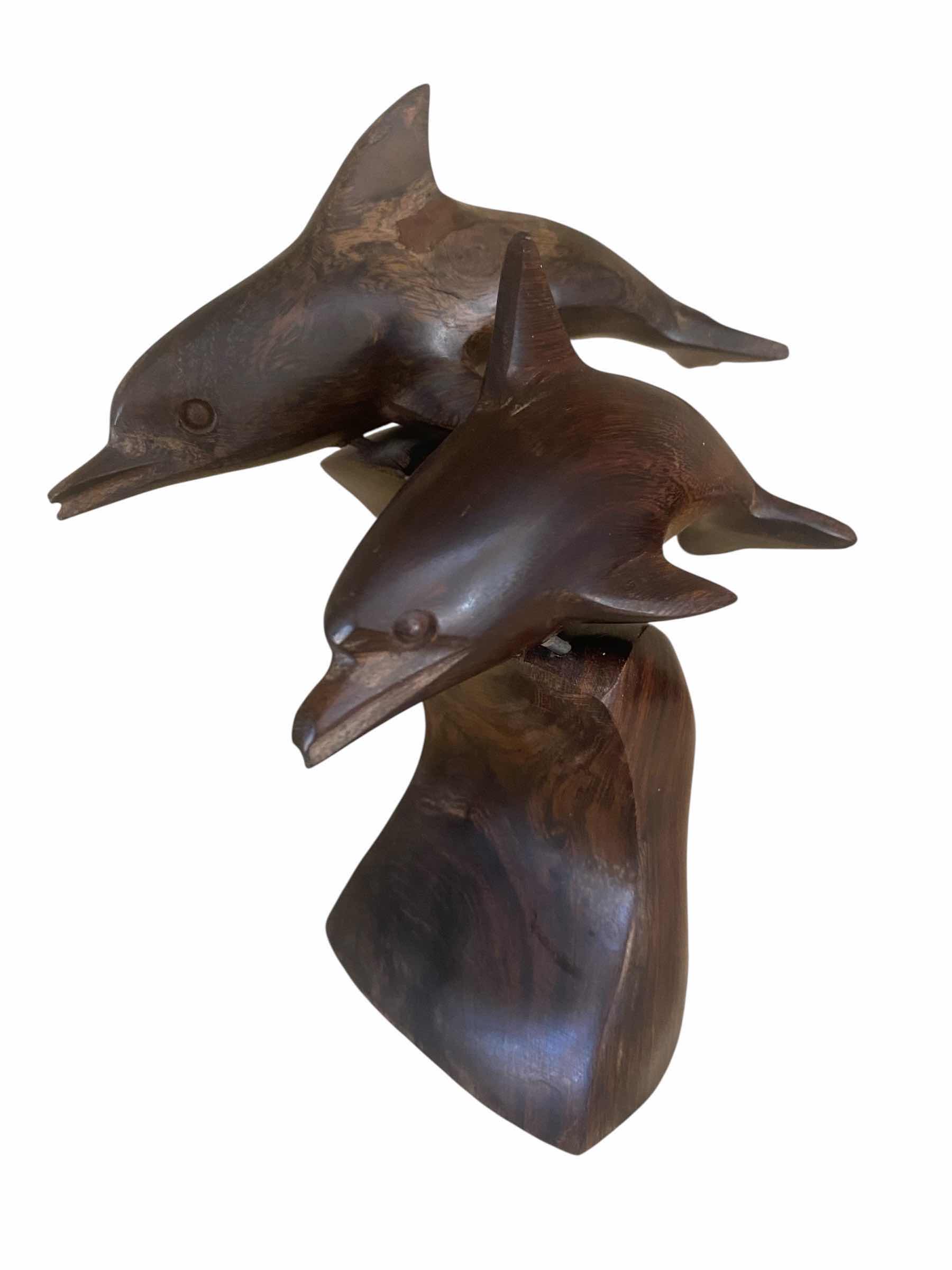Photo 1 of CARVED WOOD DOLPHINS SCULPTURE H8”