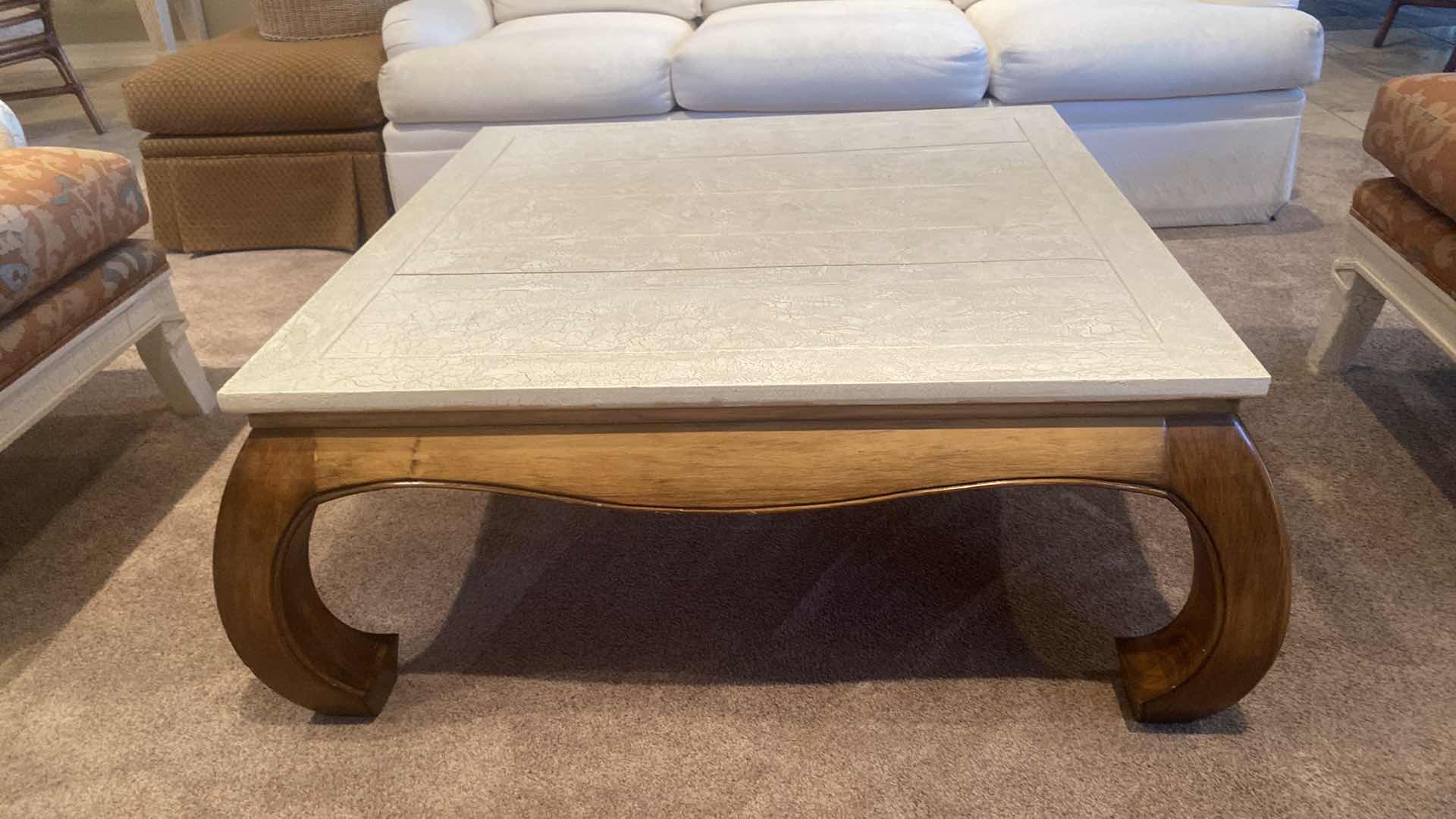 Photo 1 of WOOD SQUARE COFFEE TABLE WITH CRACKLE FINISH TOP 40” X 40” H 18”