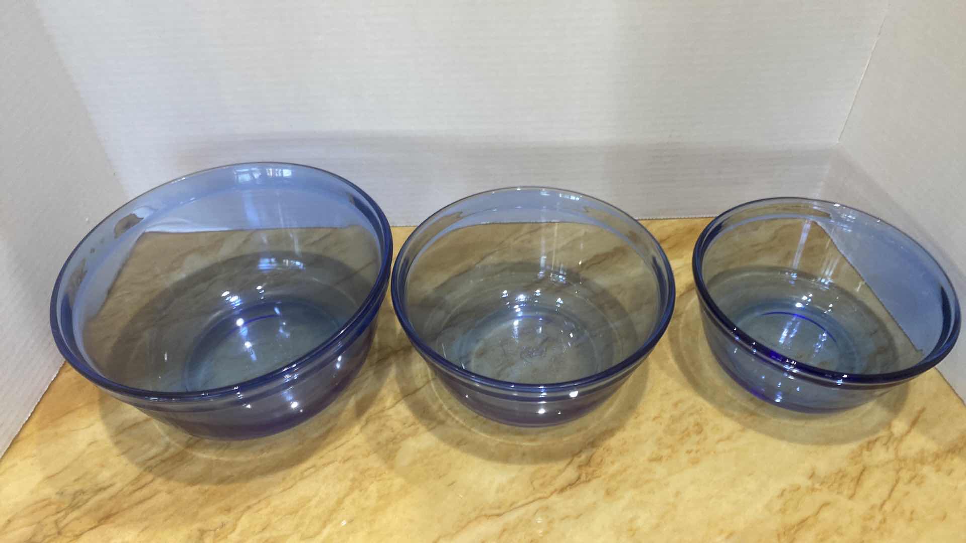 Photo 1 of BLUE GLASS, THREE-PIECE, ANCHOR, HOCKING, MIXING BOWLS