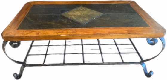 Photo 1 of IRON COFFEE TABLE WITH WOOD AND TILE TOP 50” X 30” H19 1/2”