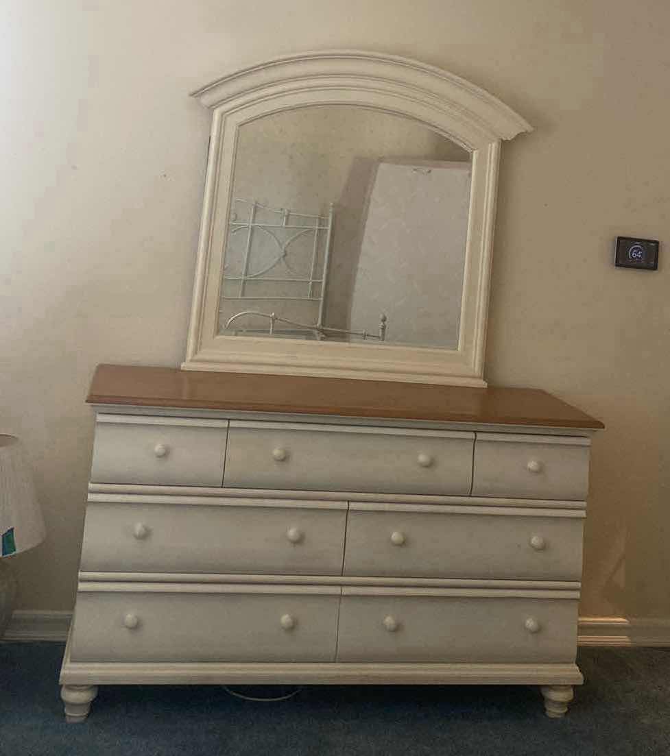 Photo 1 of THOMASVILLE IMPRESSIONS, OFF-WHITE WOOD SEVEN DRAWER DRESSER WITH MIRROR 66“ X 19 1/2“ H 37 1/2”