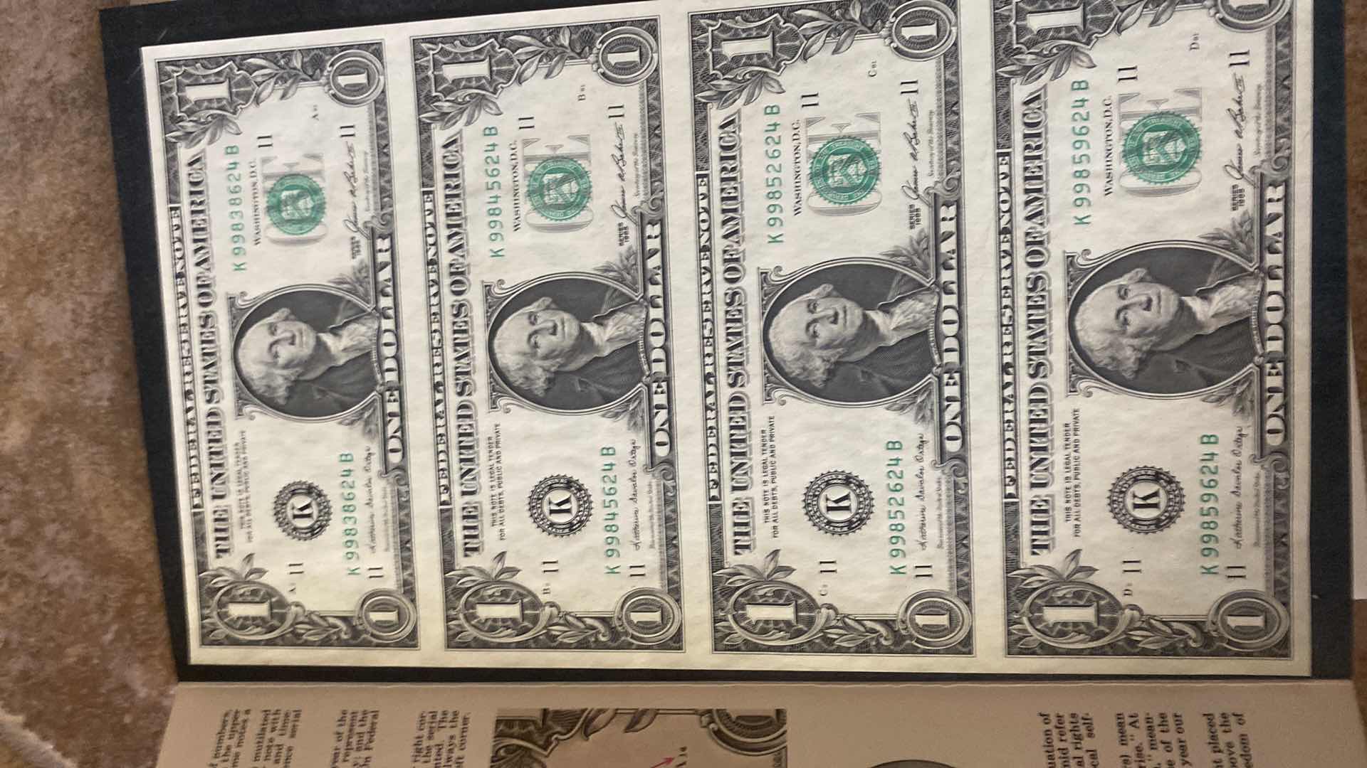 Photo 1 of VINTAGE NEW 1985 BUREAU OF ENGRAVING AND PRINTING 4 $1 DOLLAR BILLS UNCUT